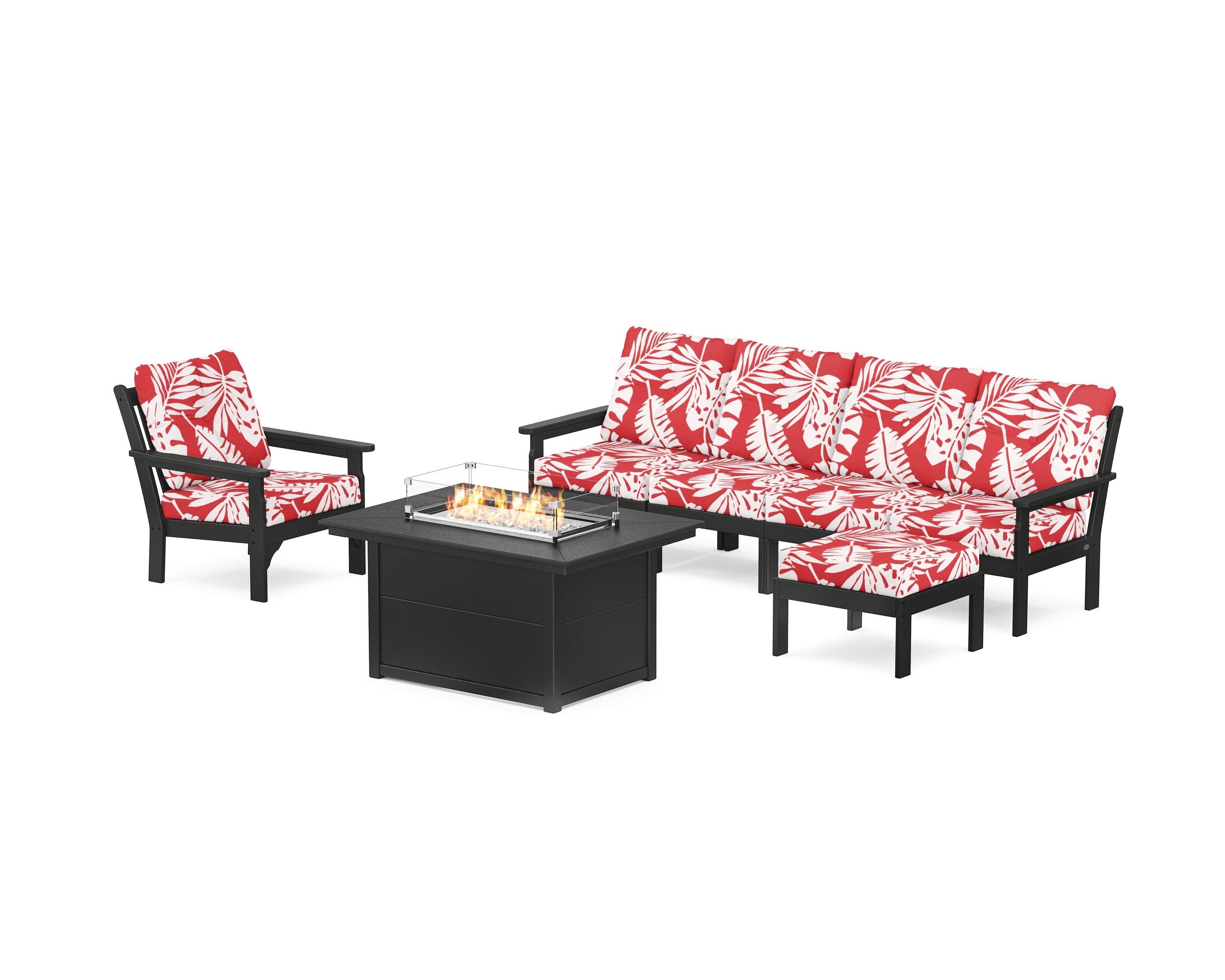 POLYWOOD® Vineyard Sectional Lounge and Fire Pit Set in Black / Leaf Crimson