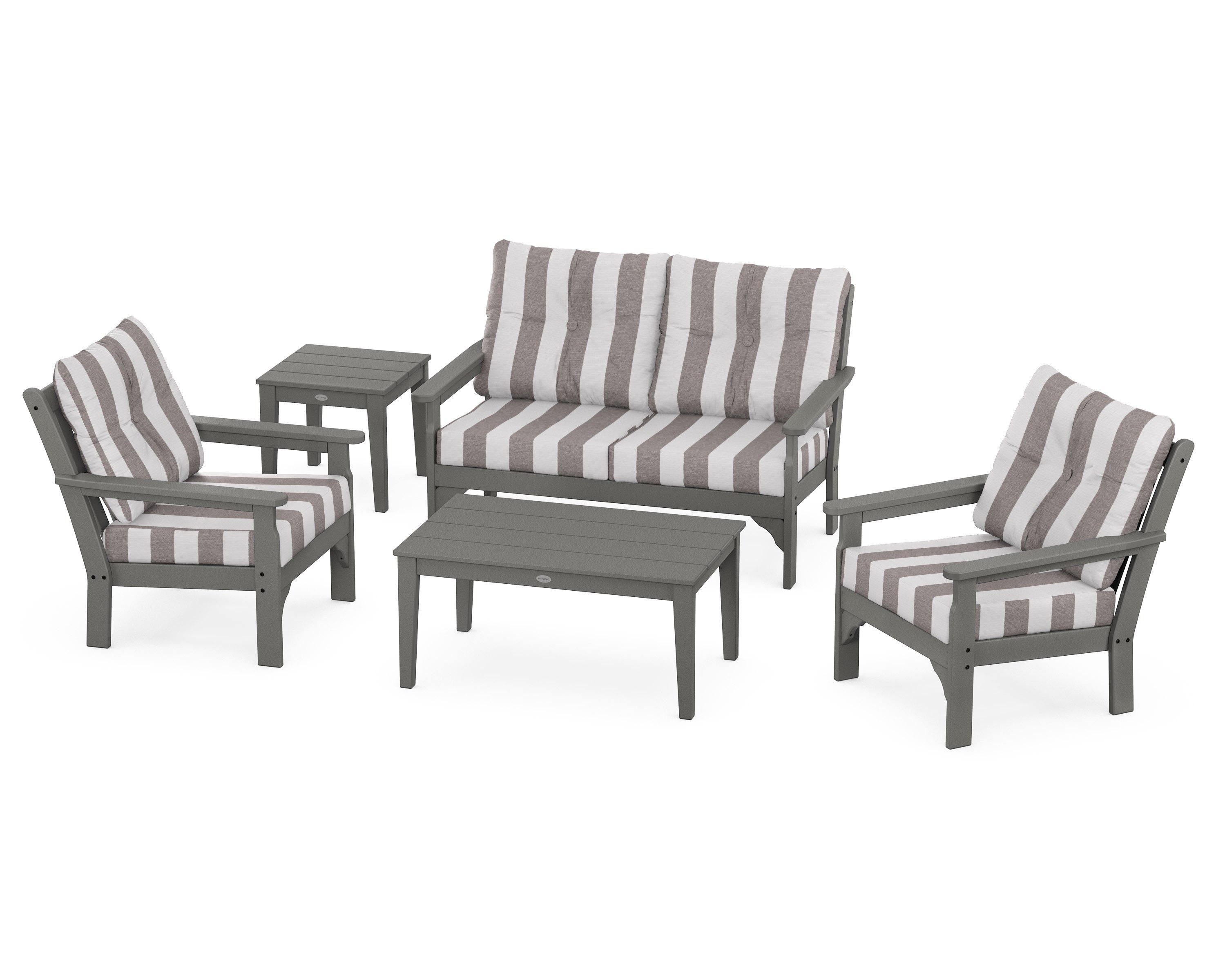 POLYWOOD® Vineyard 5-Piece Deep Seating Set in Slate Grey / Cabana Stripe Grey Mist