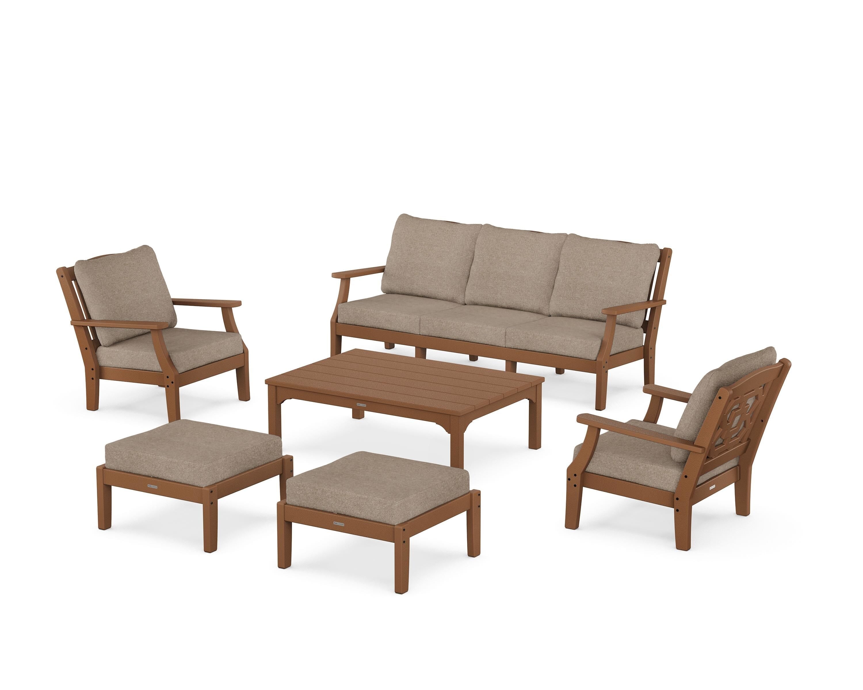 Martha Stewart by POLYWOOD® Chinoiserie 6-Piece Lounge Sofa Set in Teak / Spiced Burlap