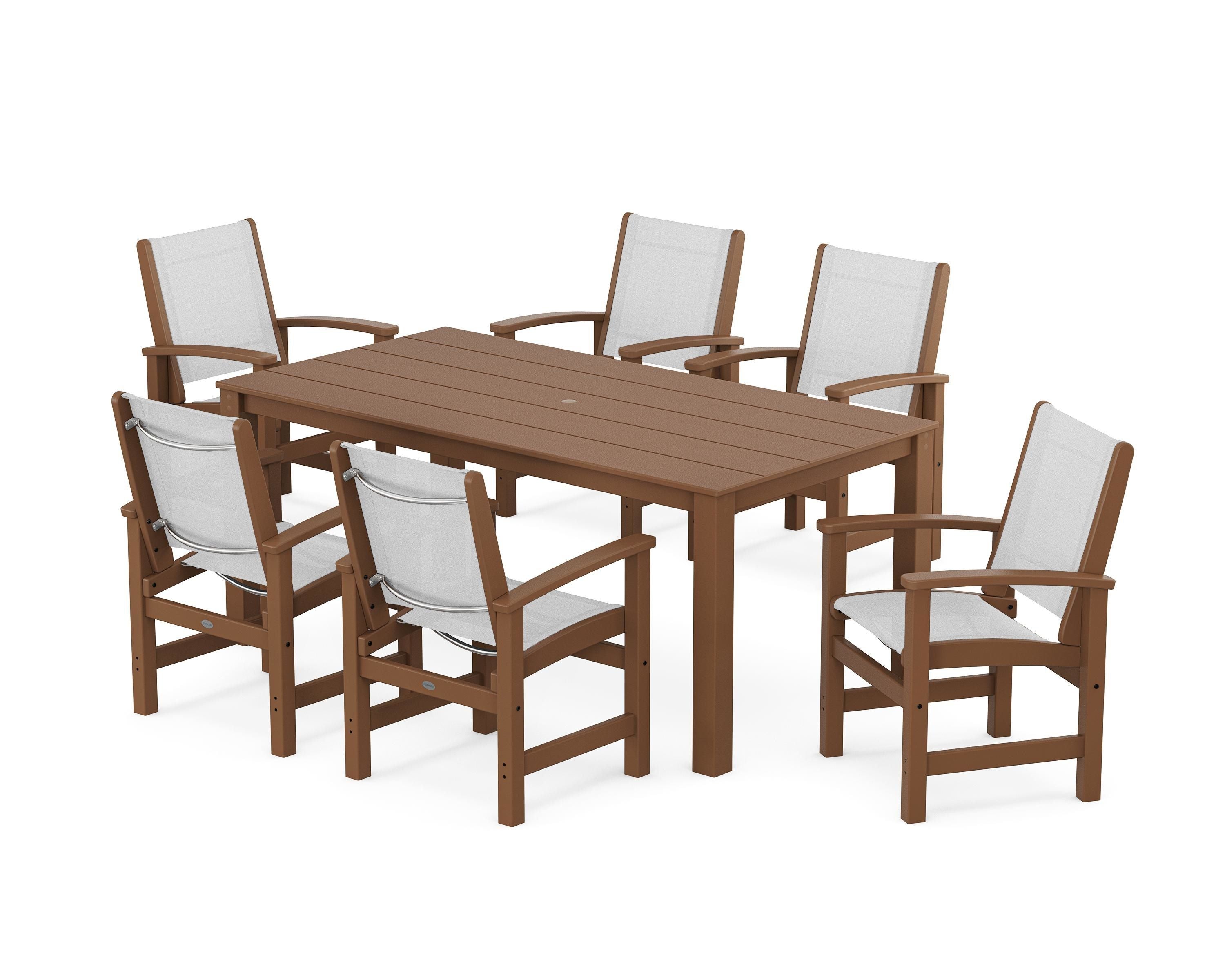 POLYWOOD® Coastal 7-Piece Parsons Dining Set in Teak / White Sling