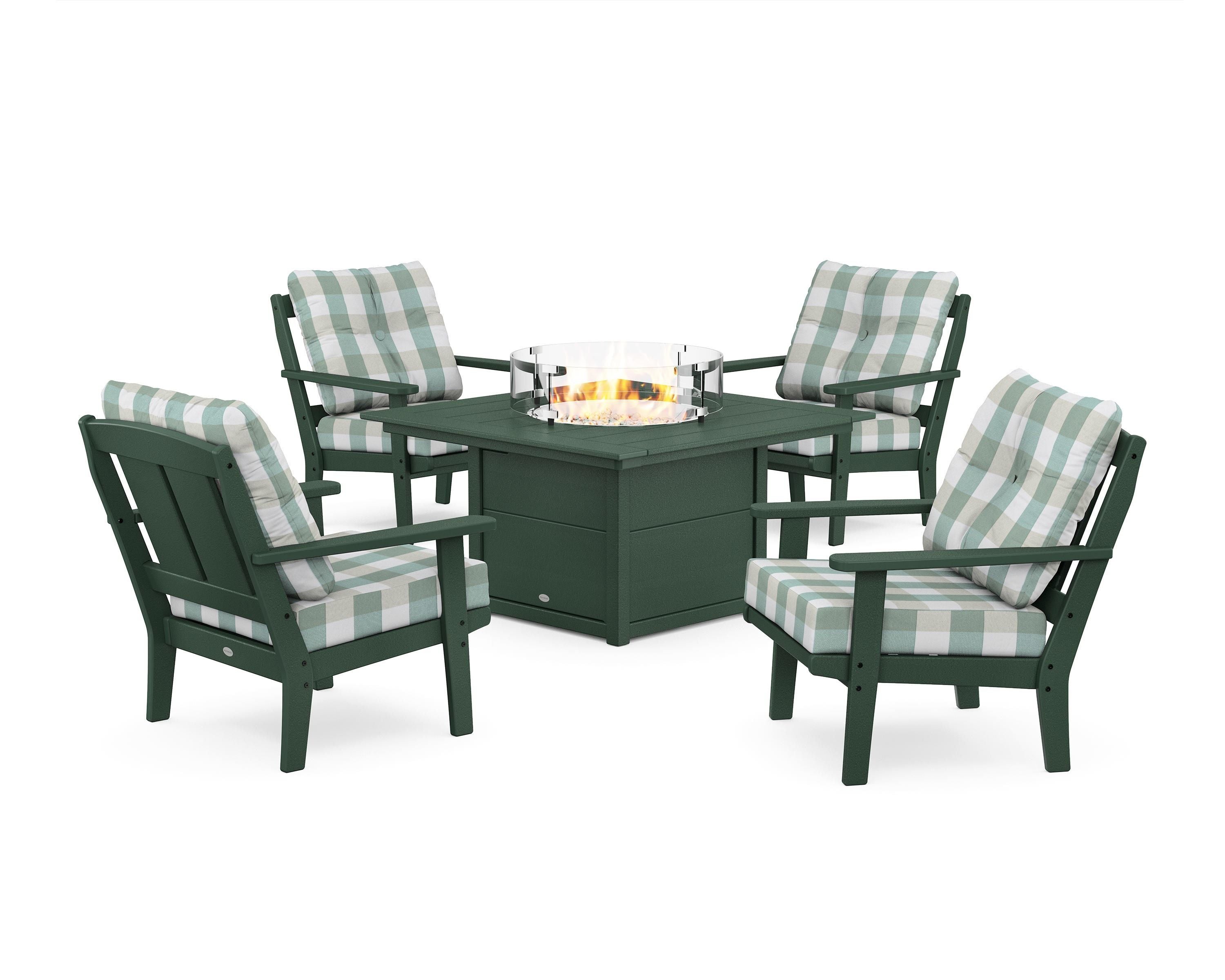 POLYWOOD® Mission 5-Piece Deep Seating Set with Fire Pit Table in Green / Buffalo Plaid Glacier Spa