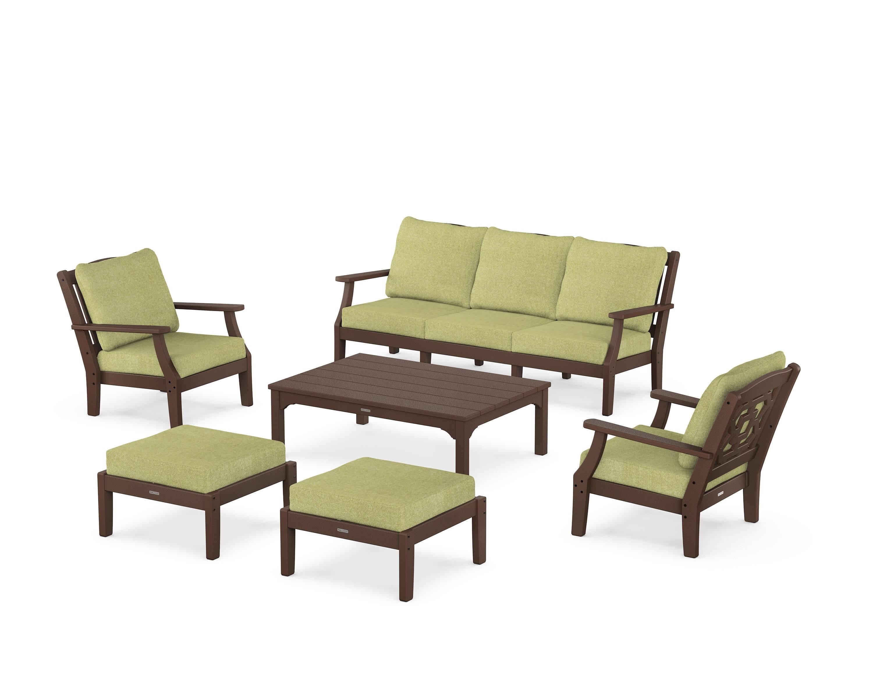 Martha Stewart by POLYWOOD® Chinoiserie 6-Piece Lounge Sofa Set in Mahogany / Chartreuse Boucle