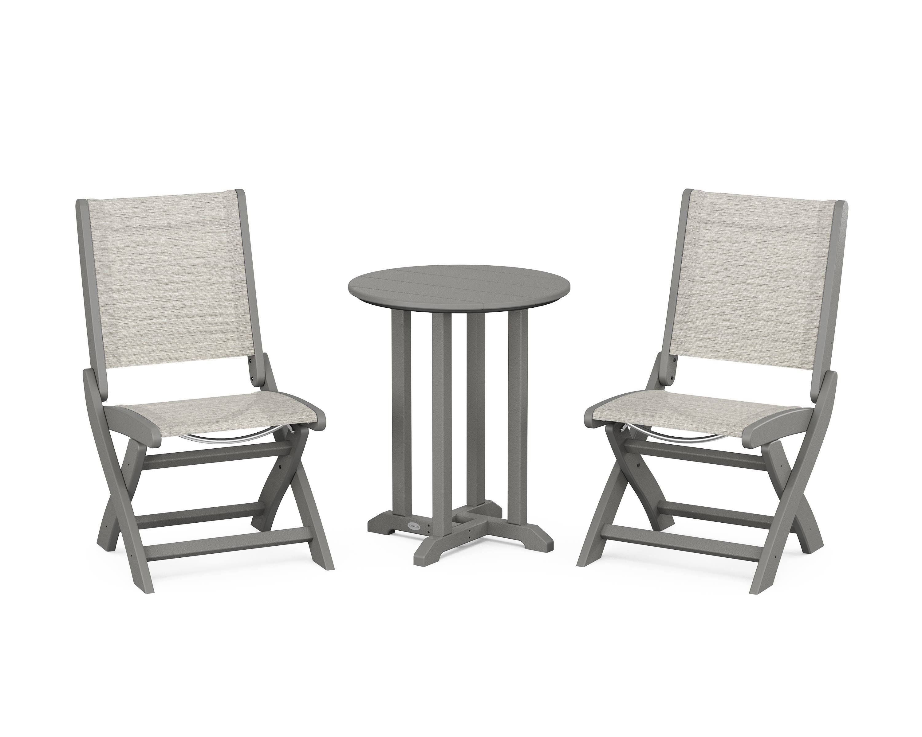 POLYWOOD® Coastal Folding Side Chair 3-Piece Round Bistro Dining Set in Slate Grey / Birch Sling
