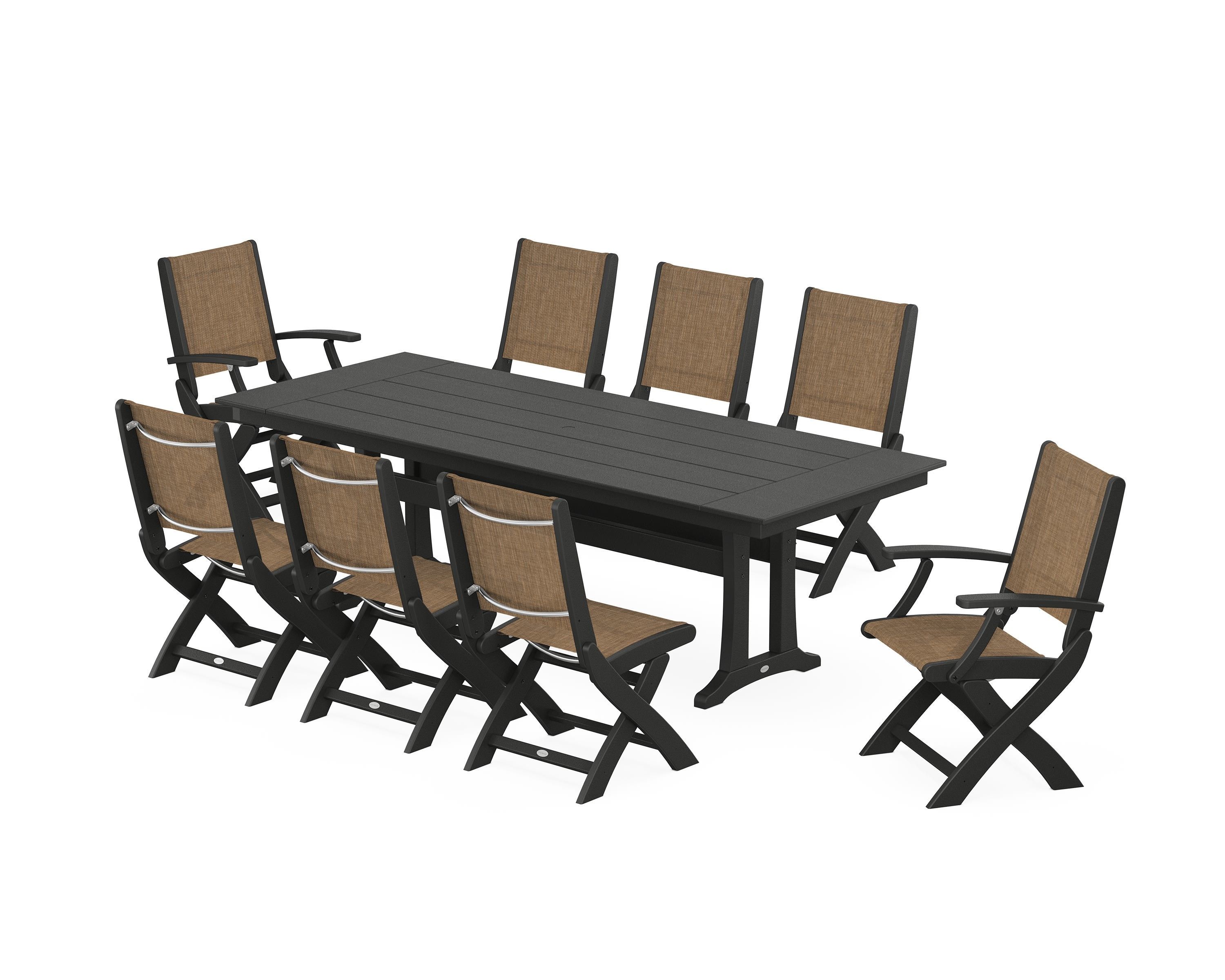 POLYWOOD® Coastal 9-Piece Folding Dining Chair Farmhouse Dining Set with Trestle Legs in Black / Burlap Sling