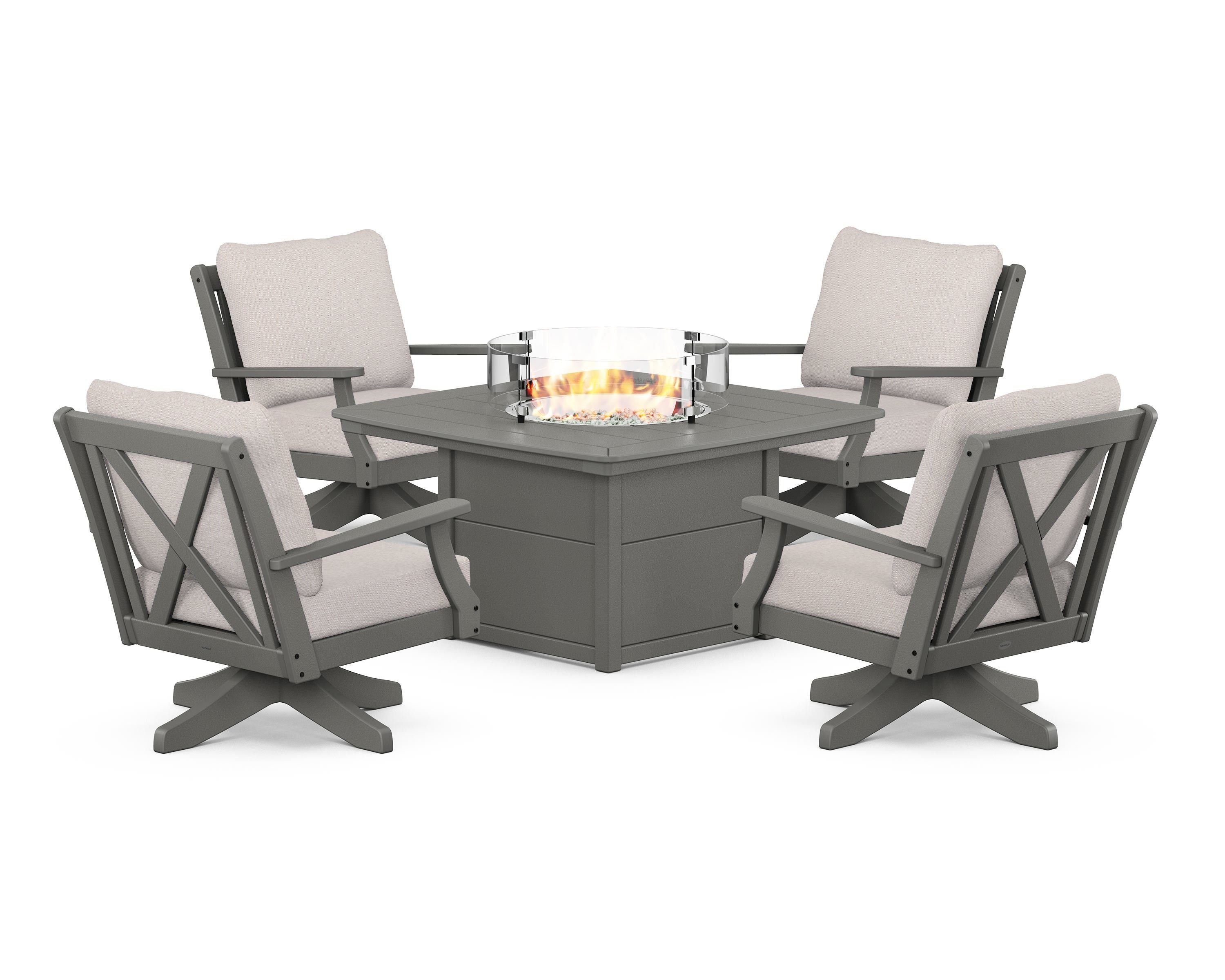 POLYWOOD® Braxton 5-Piece Deep Seating Swivel Conversation Set with Fire Pit Table in Slate Grey / Dune Burlap