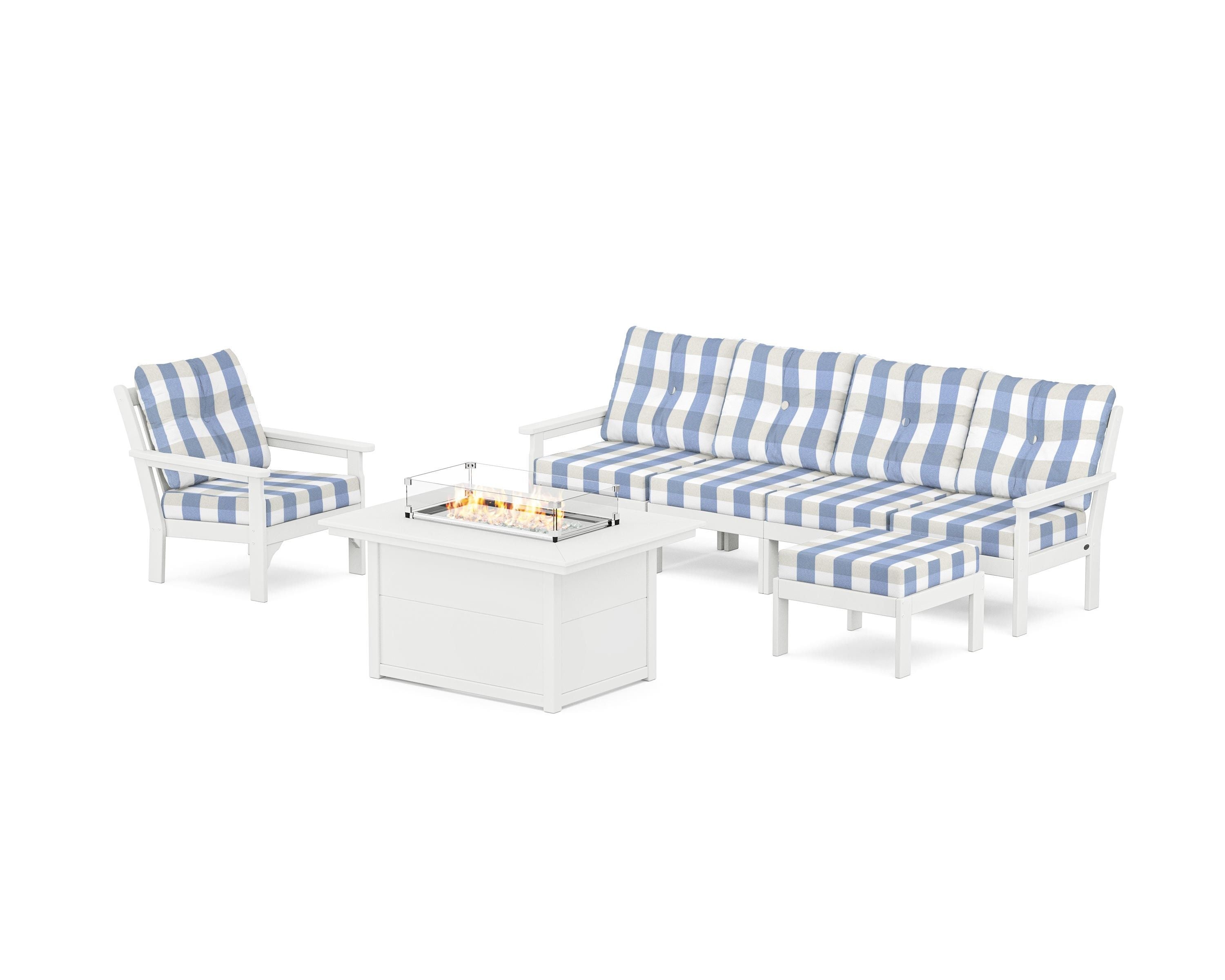 POLYWOOD® Vineyard Sectional Lounge and Fire Pit Set in White / Buffalo Plaid Sky Blue