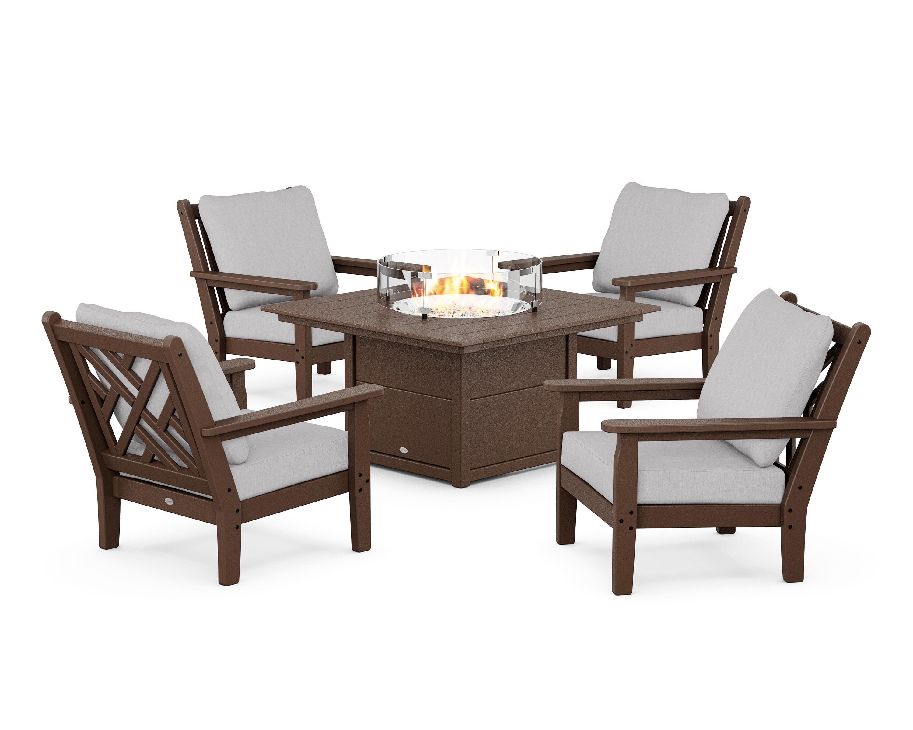 POLYWOOD® Chippendale 5-Piece Deep Seating Set with Fire Pit Table in Mahogany / Granite