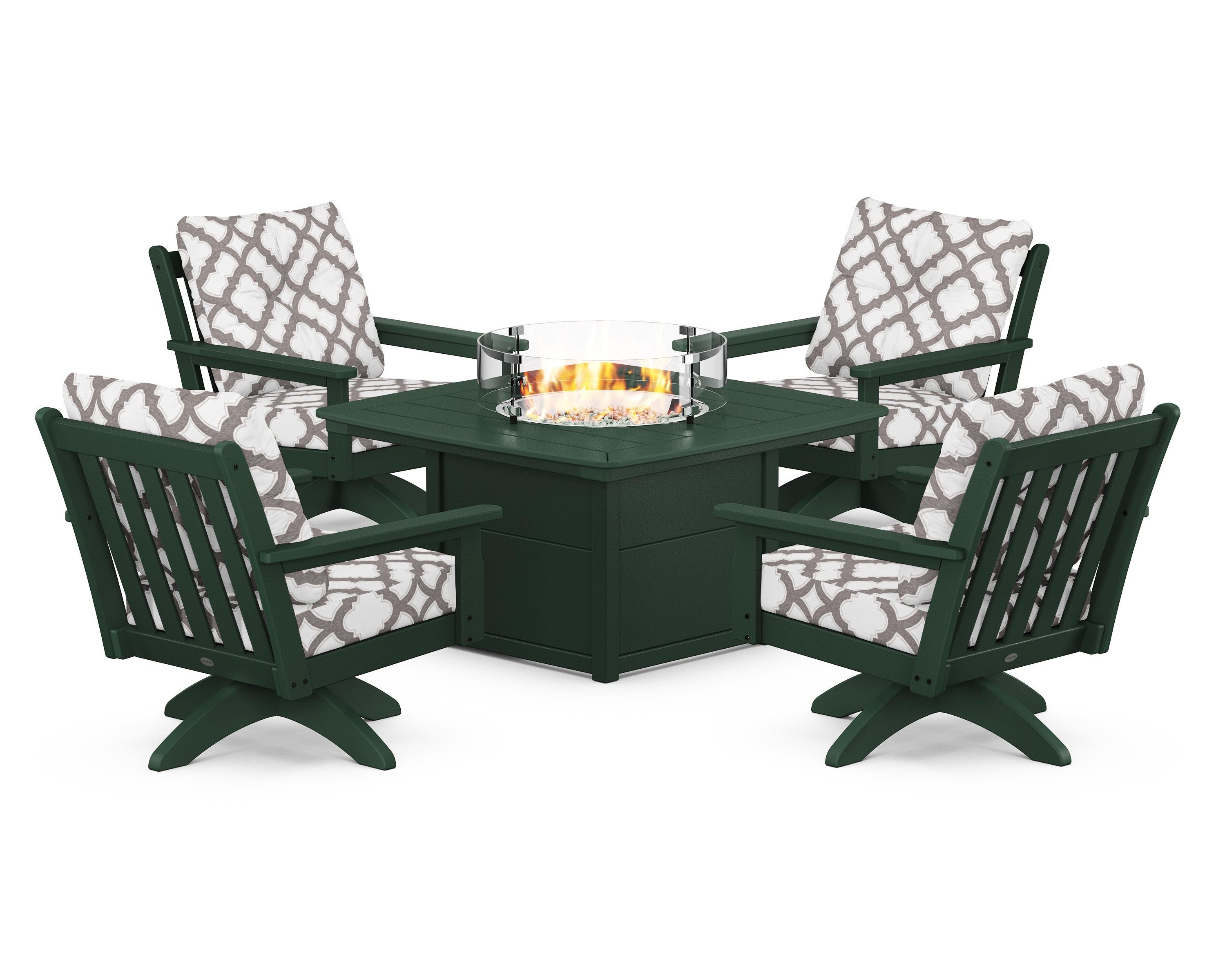 POLYWOOD® Vineyard 5-Piece Deep Seating Swivel Conversation Set with Fire Pit Table in Green / Trellis Grey Mist