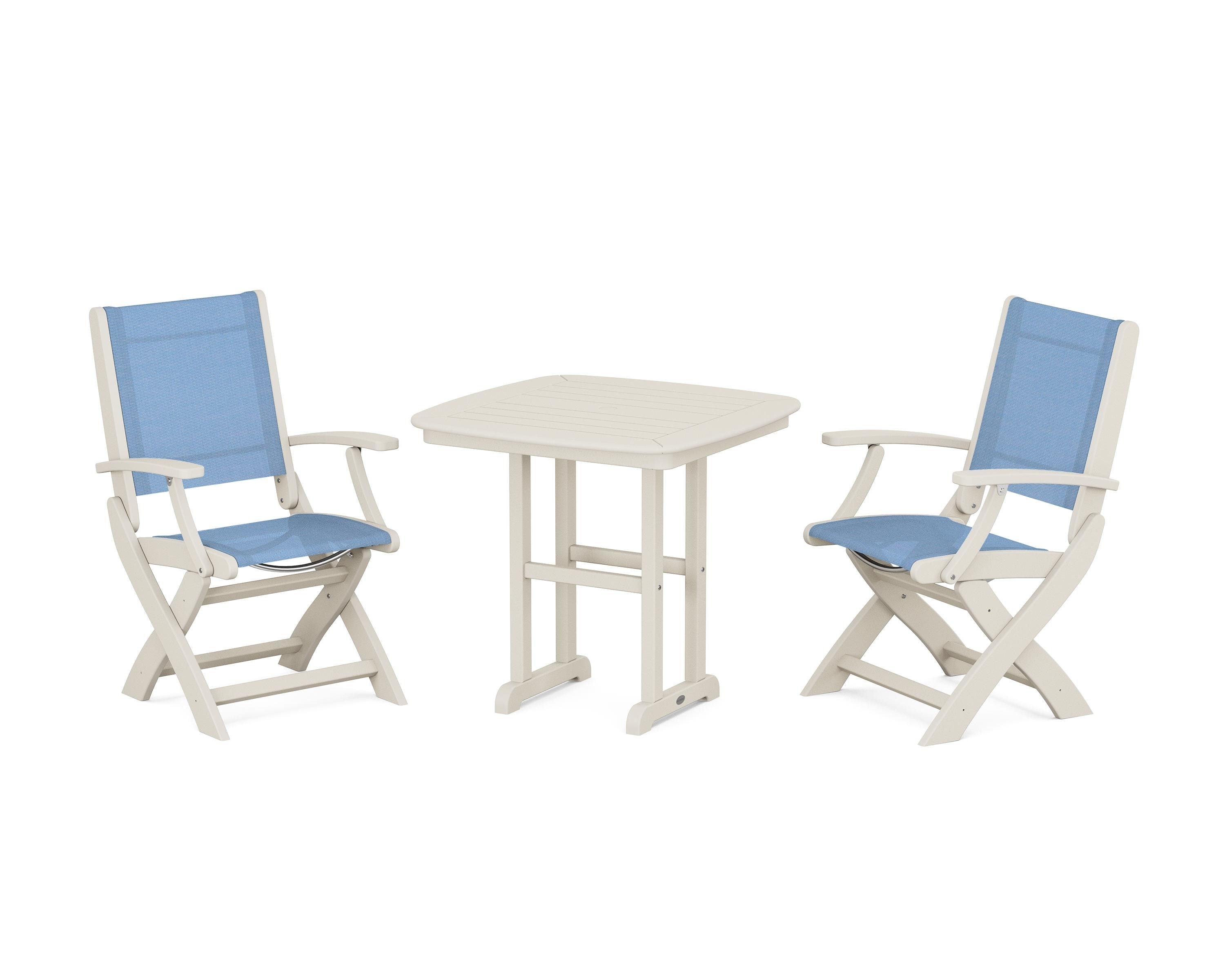 POLYWOOD® Coastal Folding Chair 3-Piece Dining Set in Sand / Poolside Sling