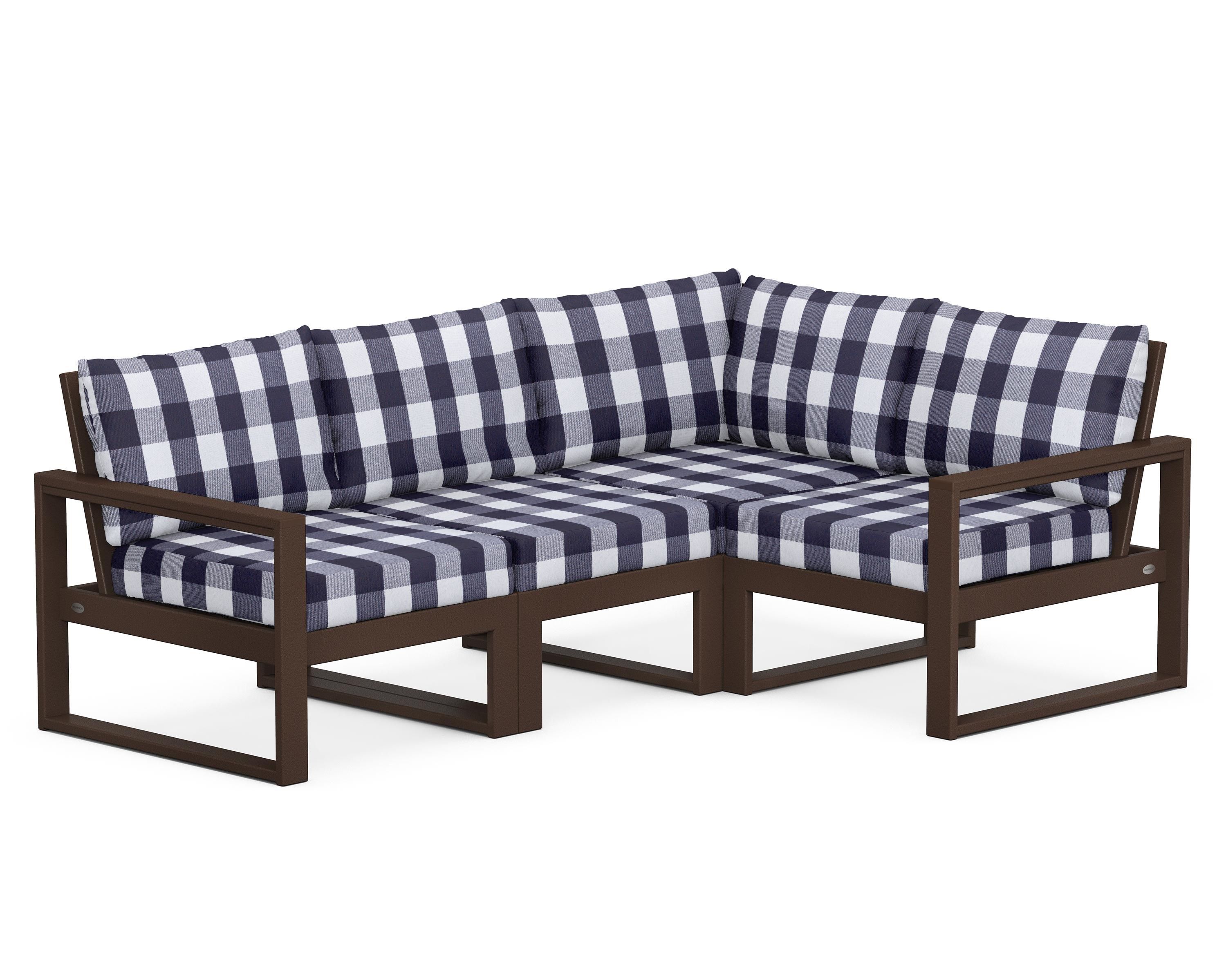 POLYWOOD® EDGE 4-Piece Modular Deep Seating Set in Mahogany / Buffalo Plaid Navy