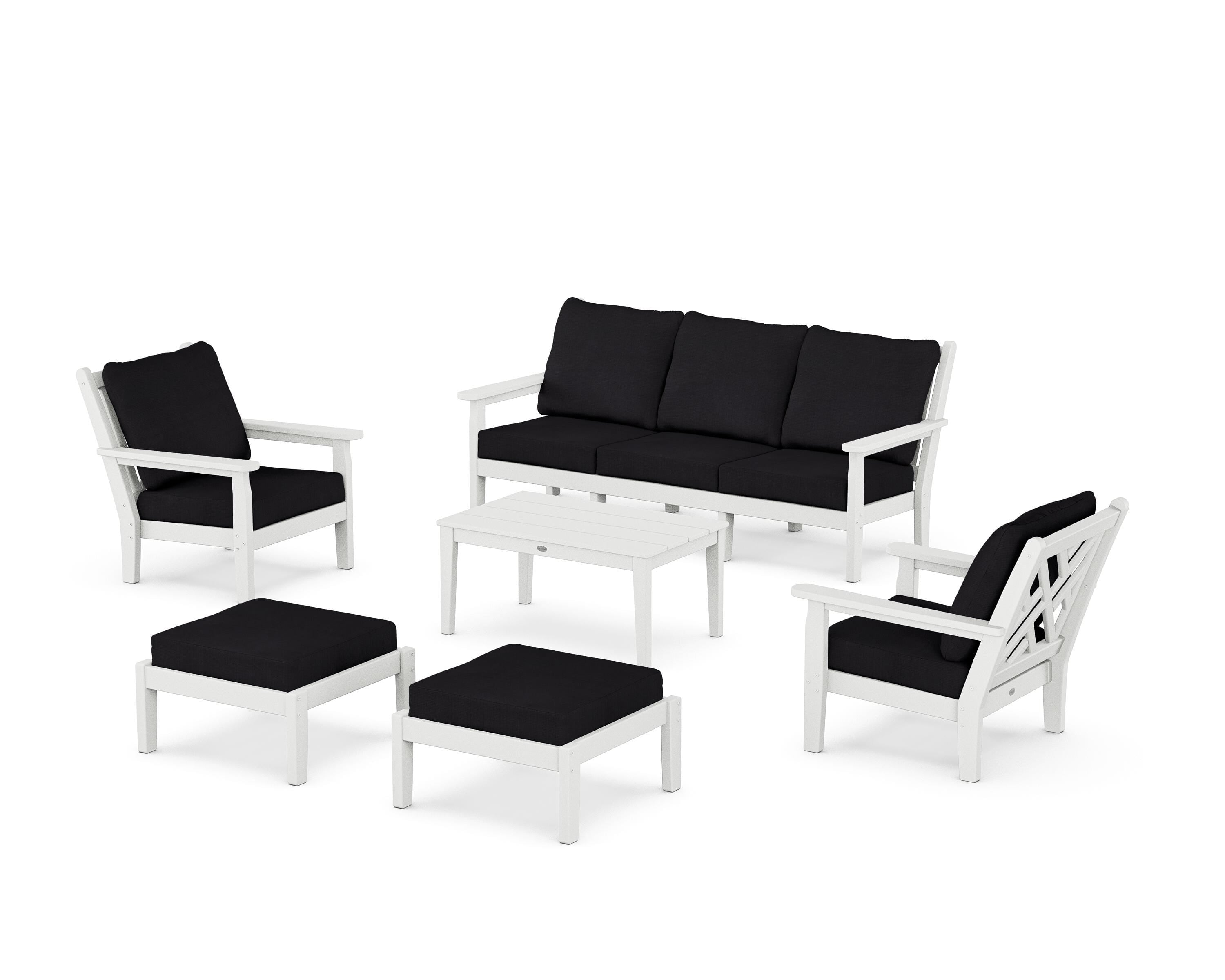 POLYWOOD® Chippendale 6-Piece Lounge Sofa Set in White / Midnight Linen