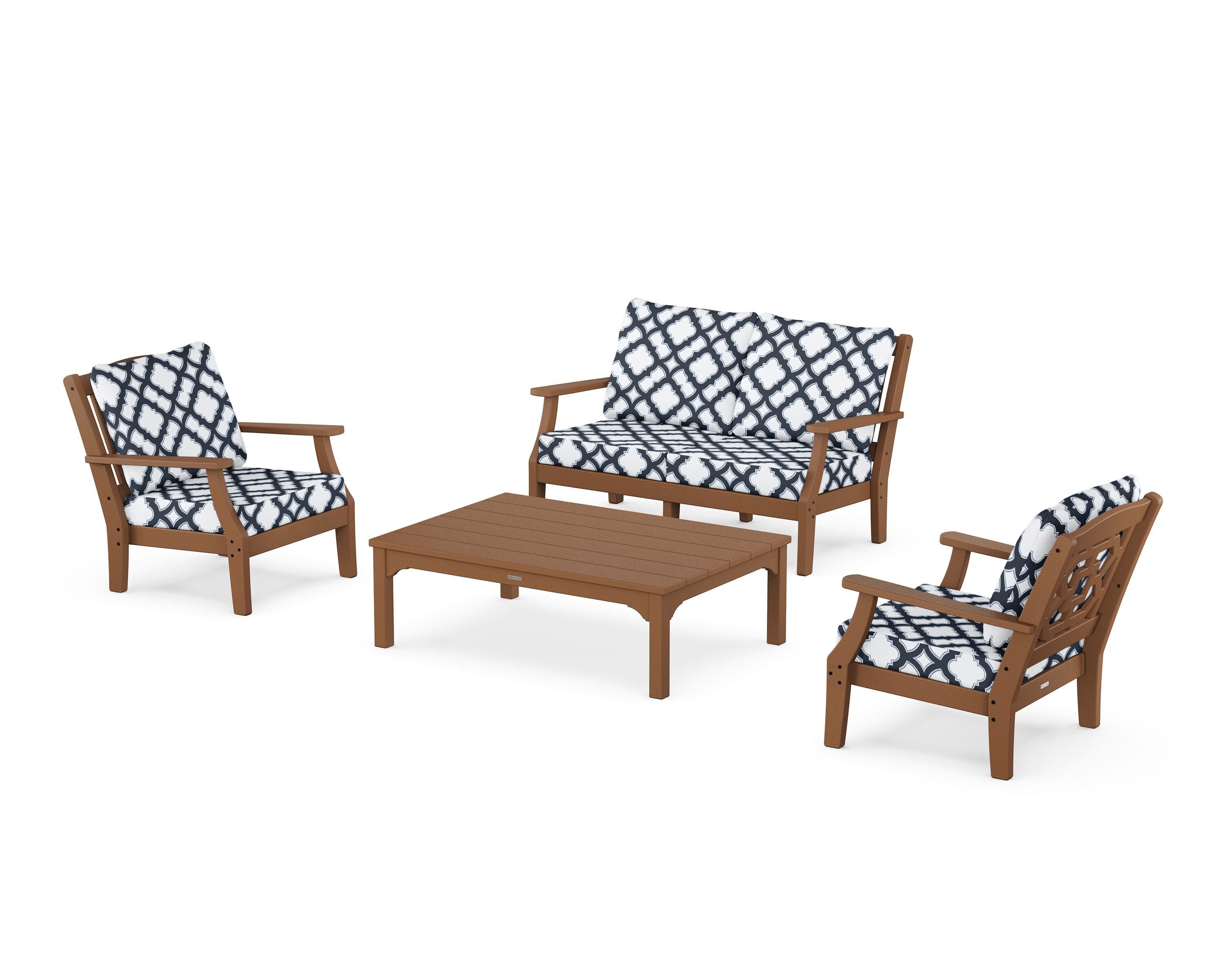 Martha Stewart by POLYWOOD® Chinoiserie 4-Piece Deep Seating Set with Loveseat in Teak / Trellis Marine Indigo