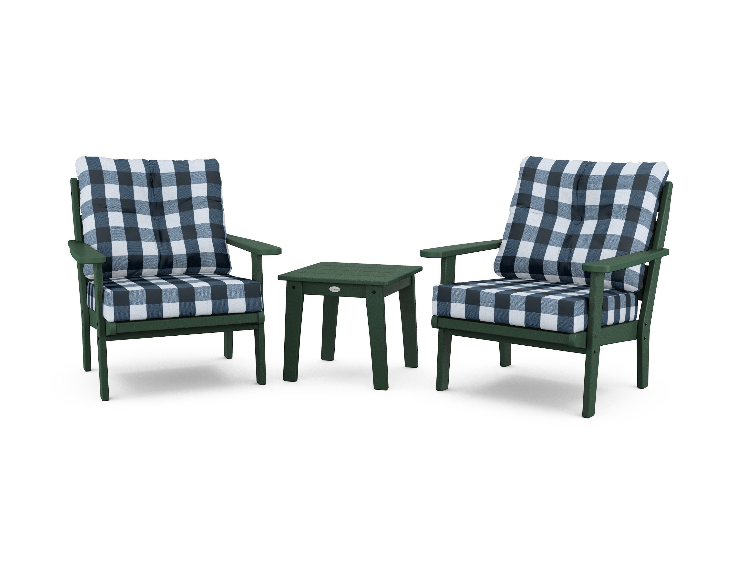 POLYWOOD® Lakeside 3-Piece Deep Seating Chair Set in Green / Buffalo Plaid Marine Indigo