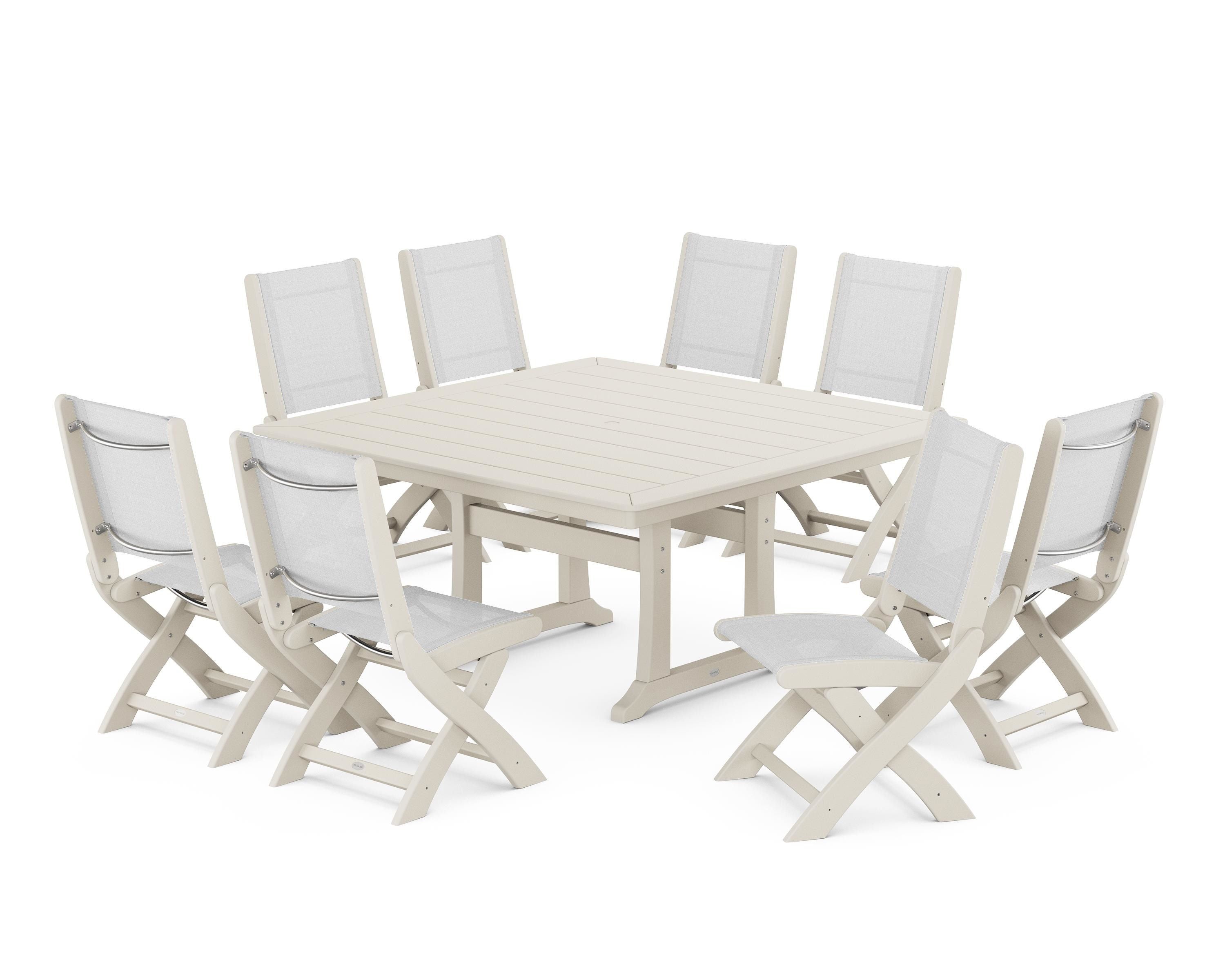 POLYWOOD® Coastal Folding Side Chair 9-Piece Dining Set with Trestle Legs in Sand / White Sling