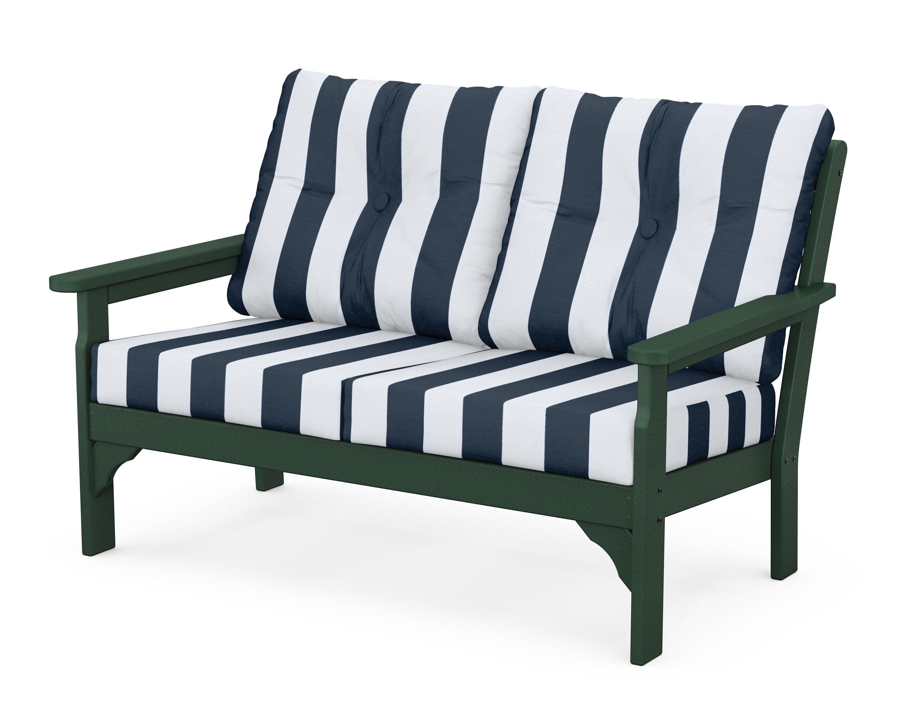 POLYWOOD® Vineyard Deep Seating Loveseat in Green / Cabana Stripe Marine Indigo