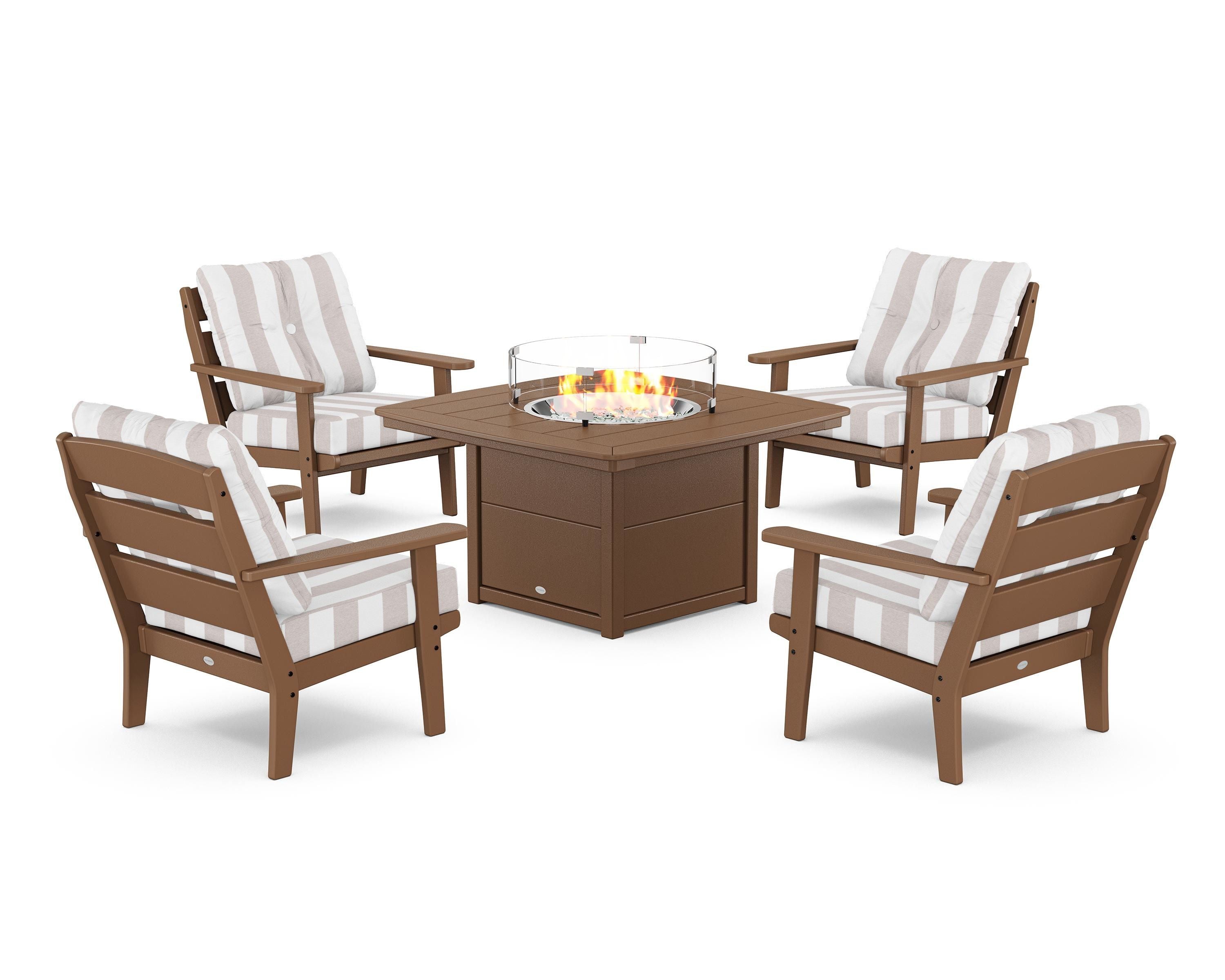 POLYWOOD® Lakeside 5-Piece Deep Seating Set with Nautical Fire Pit Table in Teak / Cabana Stripe Dune Burlap