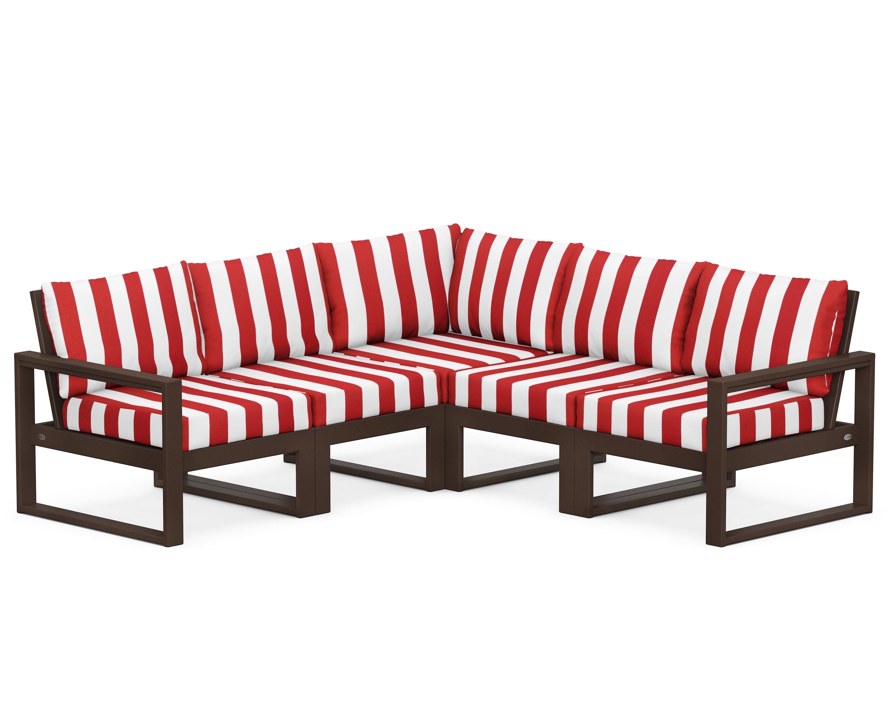 POLYWOOD® EDGE 5-Piece Modular Deep Seating Set in Mahogany / Cabana Stripe Crimson