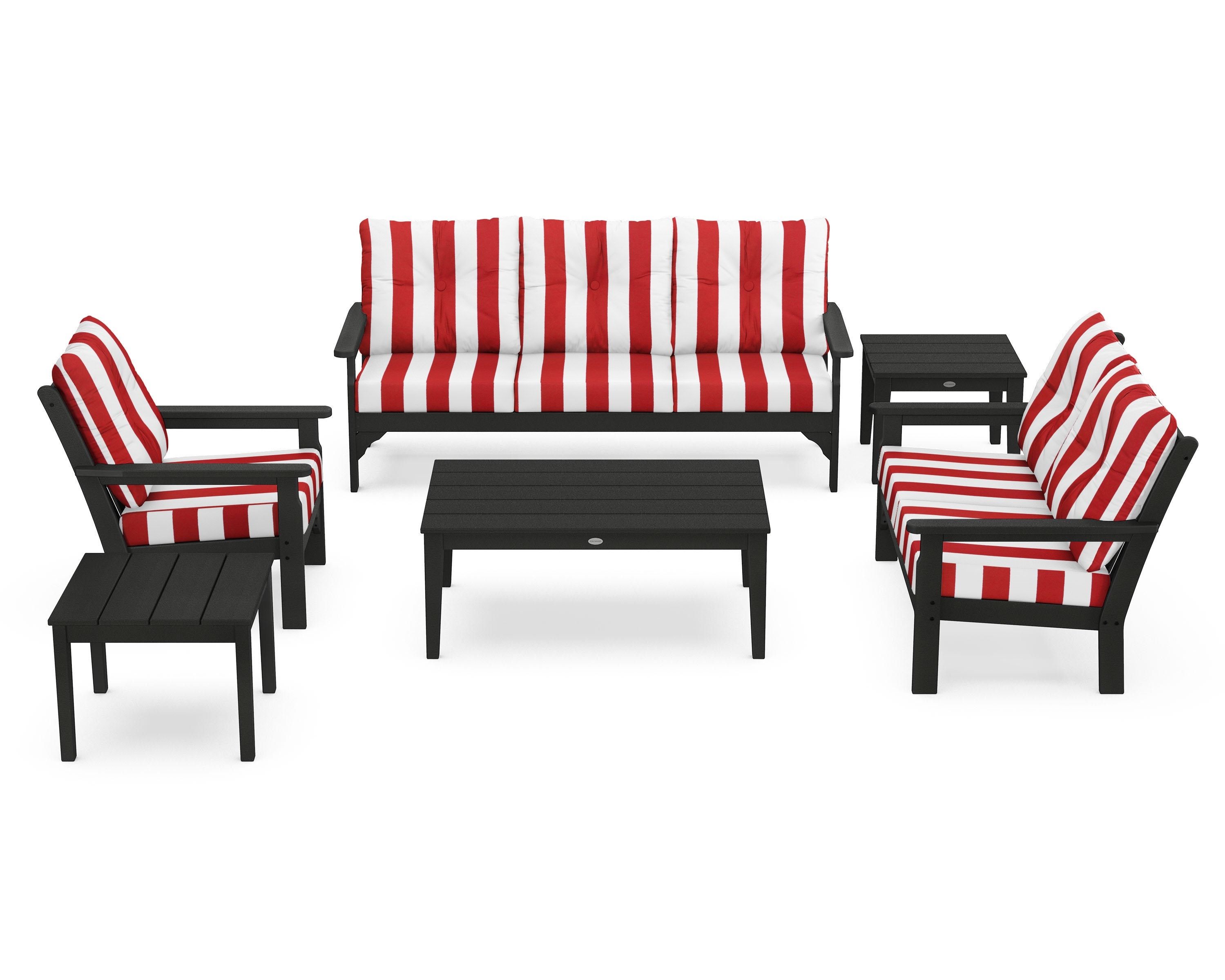 POLYWOOD® Vineyard 6-Piece Deep Seating Set in Black / Cabana Stripe Crimson