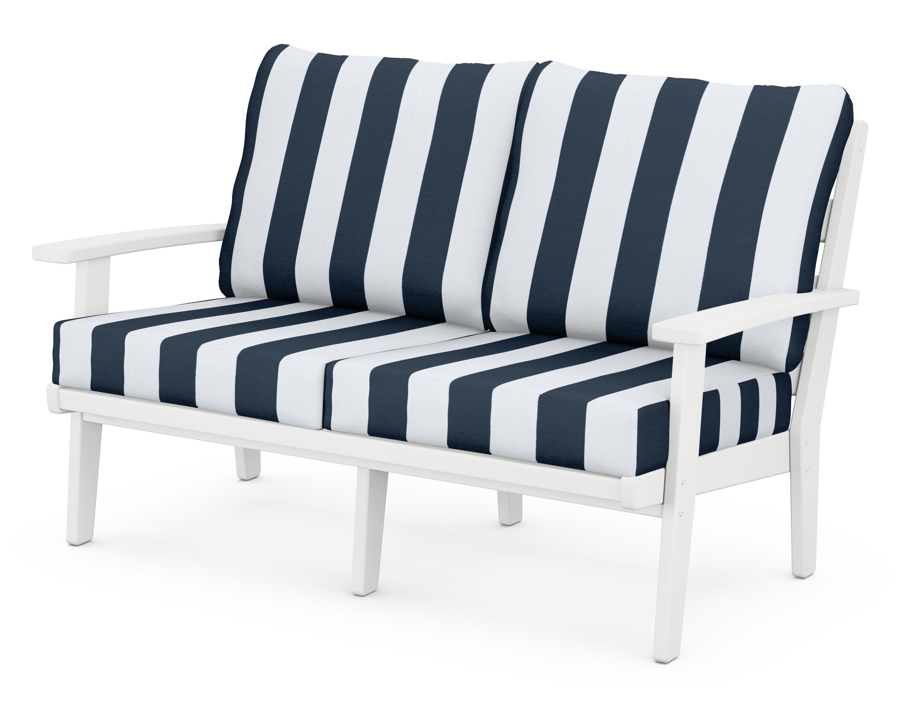 POLYWOOD® Grant Park Deep Seating Loveseat in White / Cabana Stripe Marine Indigo