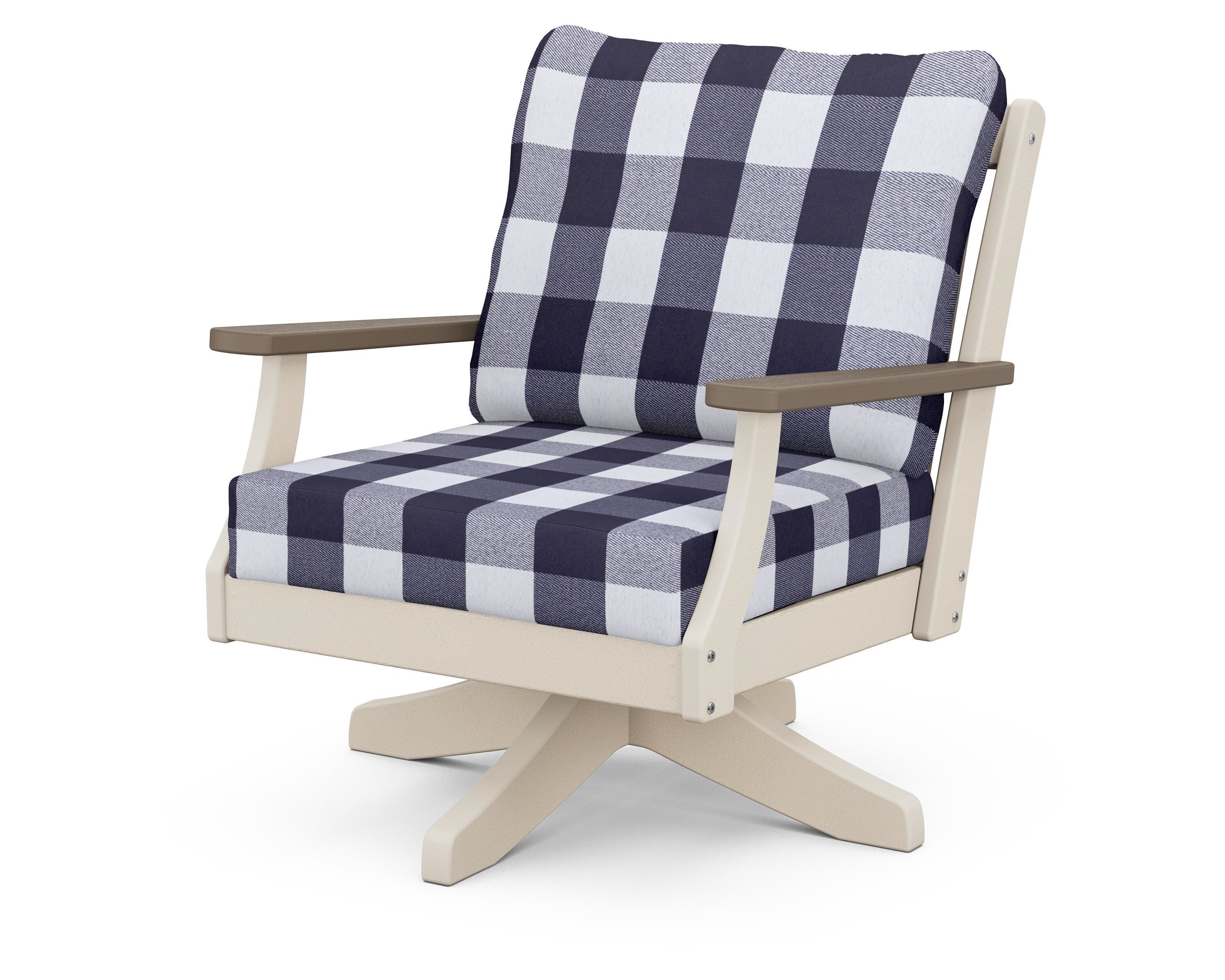 POLYWOOD® Braxton Deep Seating Swivel Chair in Sand / Kona / Buffalo Plaid Navy