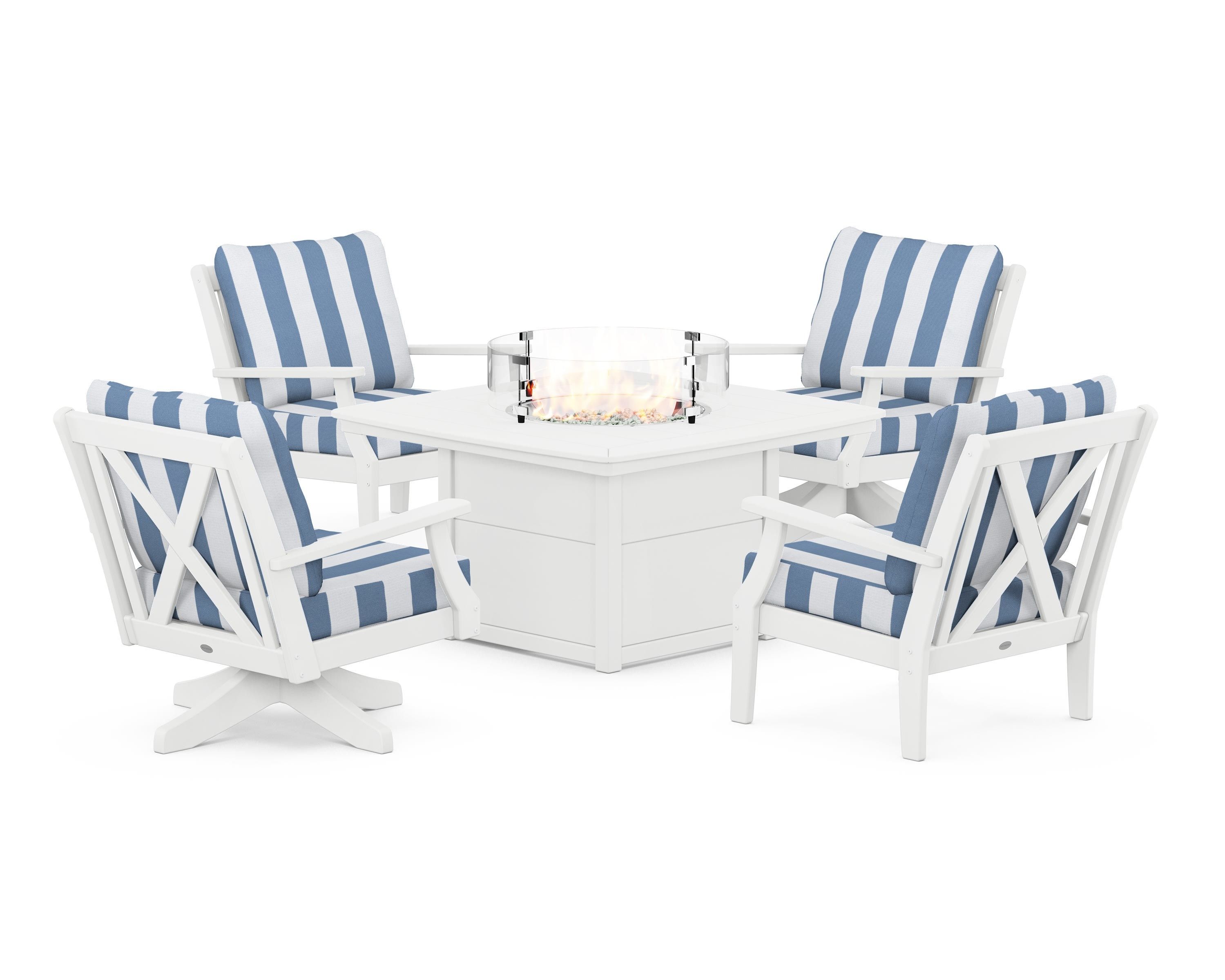POLYWOOD® Braxton 5-Piece Deep Seating Set with Fire Table in White / Cabana Stripe Sky Blue