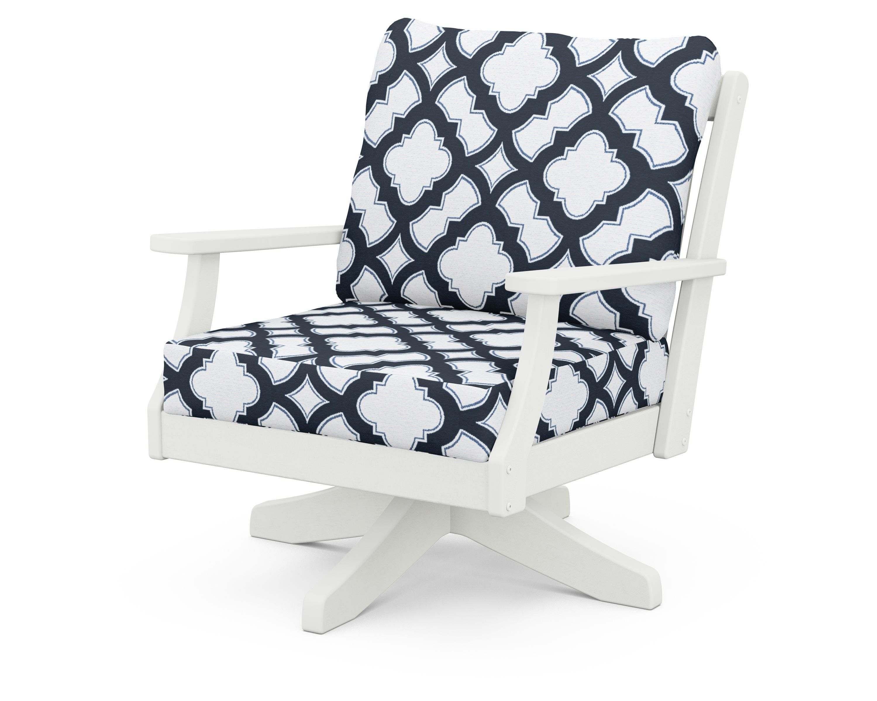 POLYWOOD® Braxton Deep Seating Swivel Chair in Vintage White / Trellis Marine Indigo