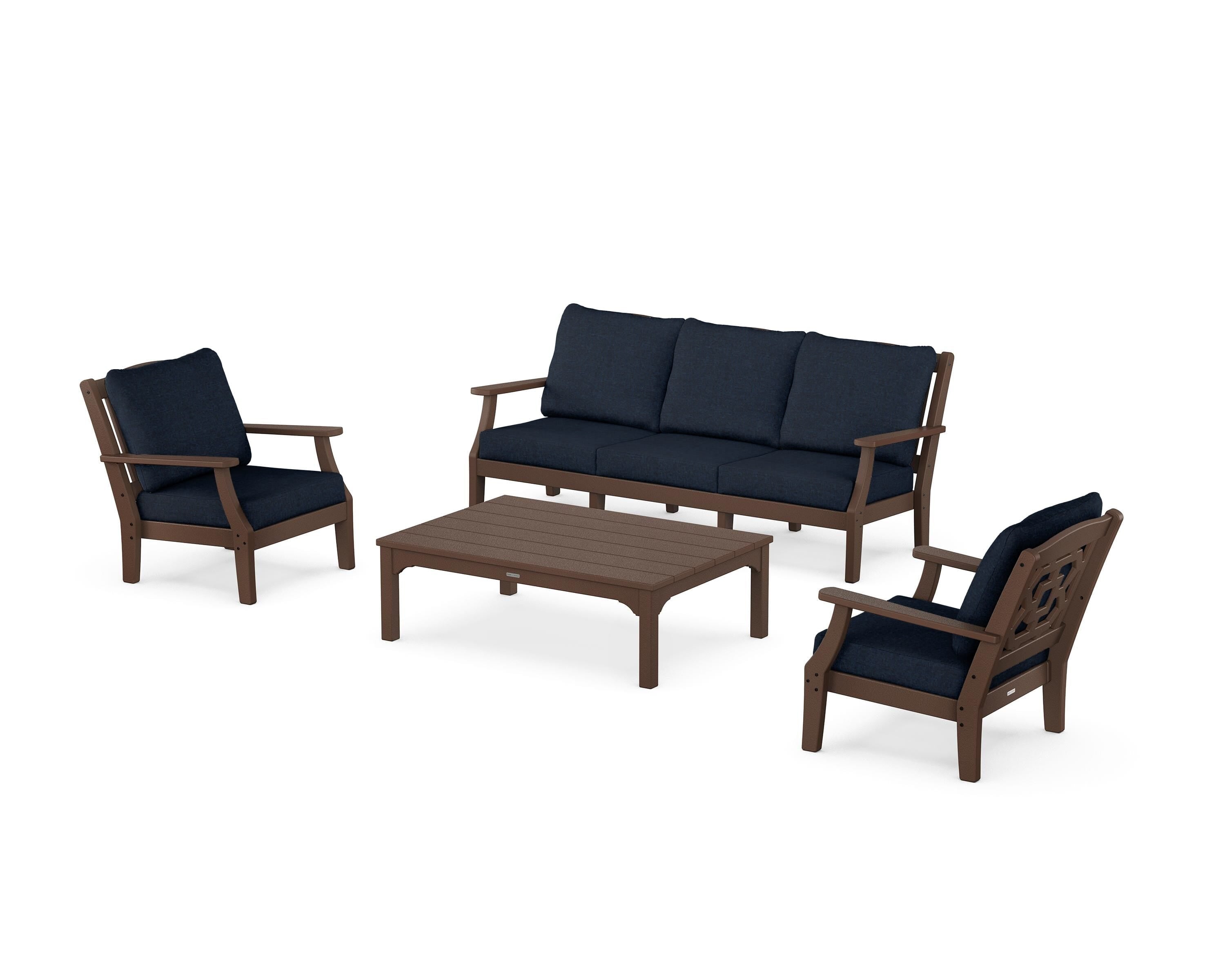 Martha Stewart by POLYWOOD® Chinoiserie 4-Piece Deep Seating Set with Sofa in Mahogany / Marine Indigo