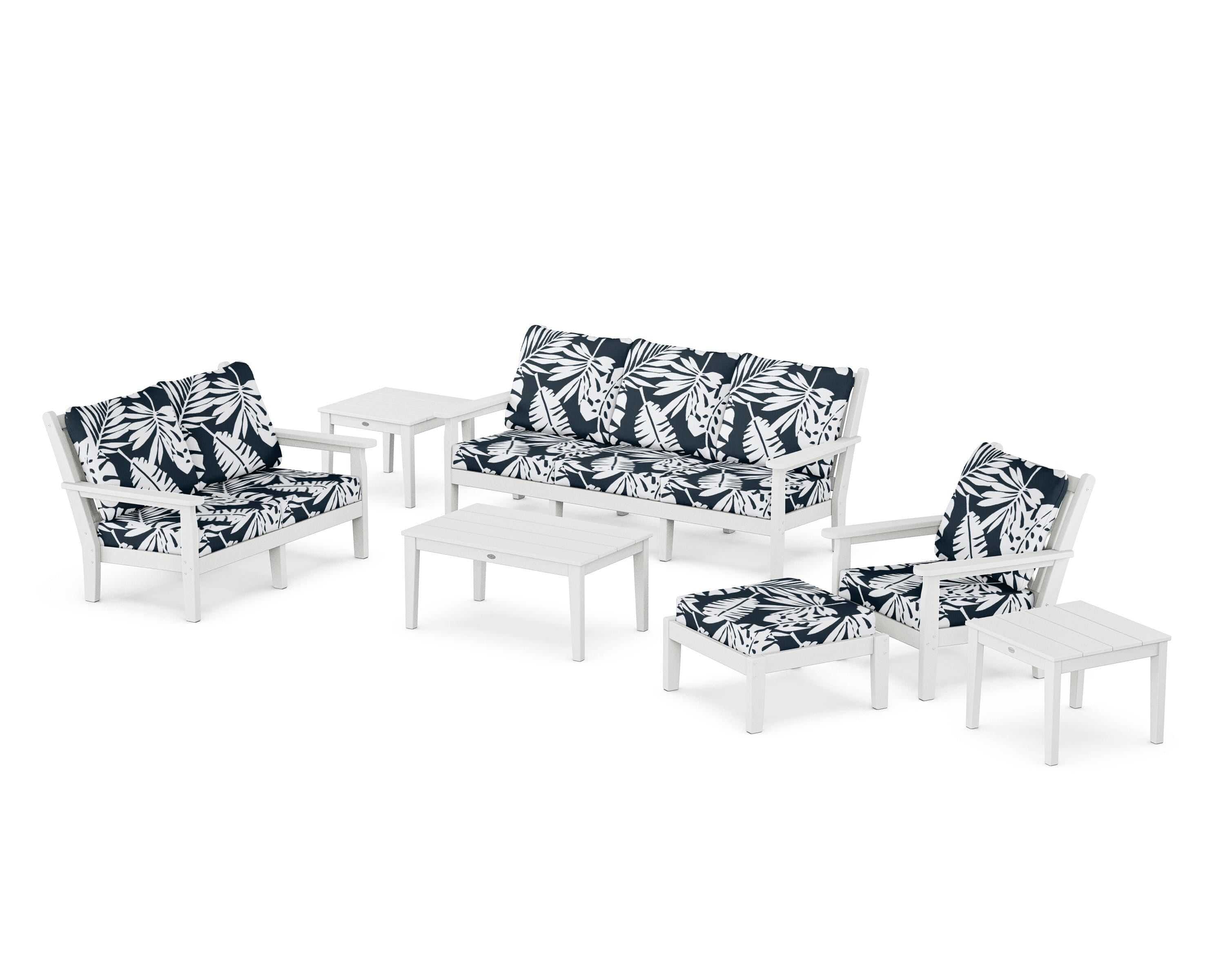 POLYWOOD® Chippendale 7-Piece Deep Seating Set in White / Leaf Marine Indigo