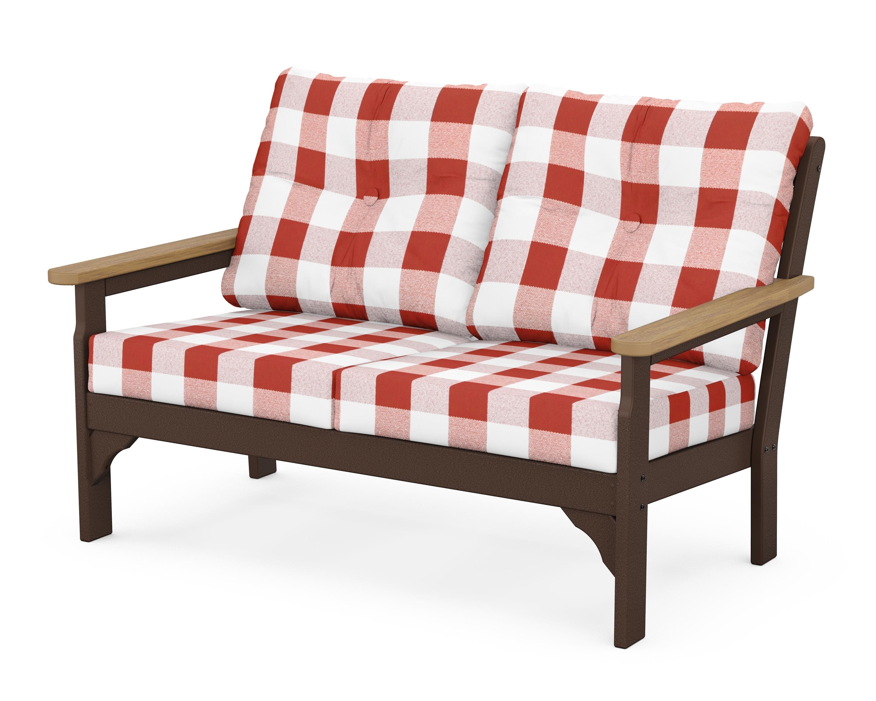 POLYWOOD® Vineyard Deep Seating Loveseat in Mahogany / Natural / Buffalo Plaid Crimson