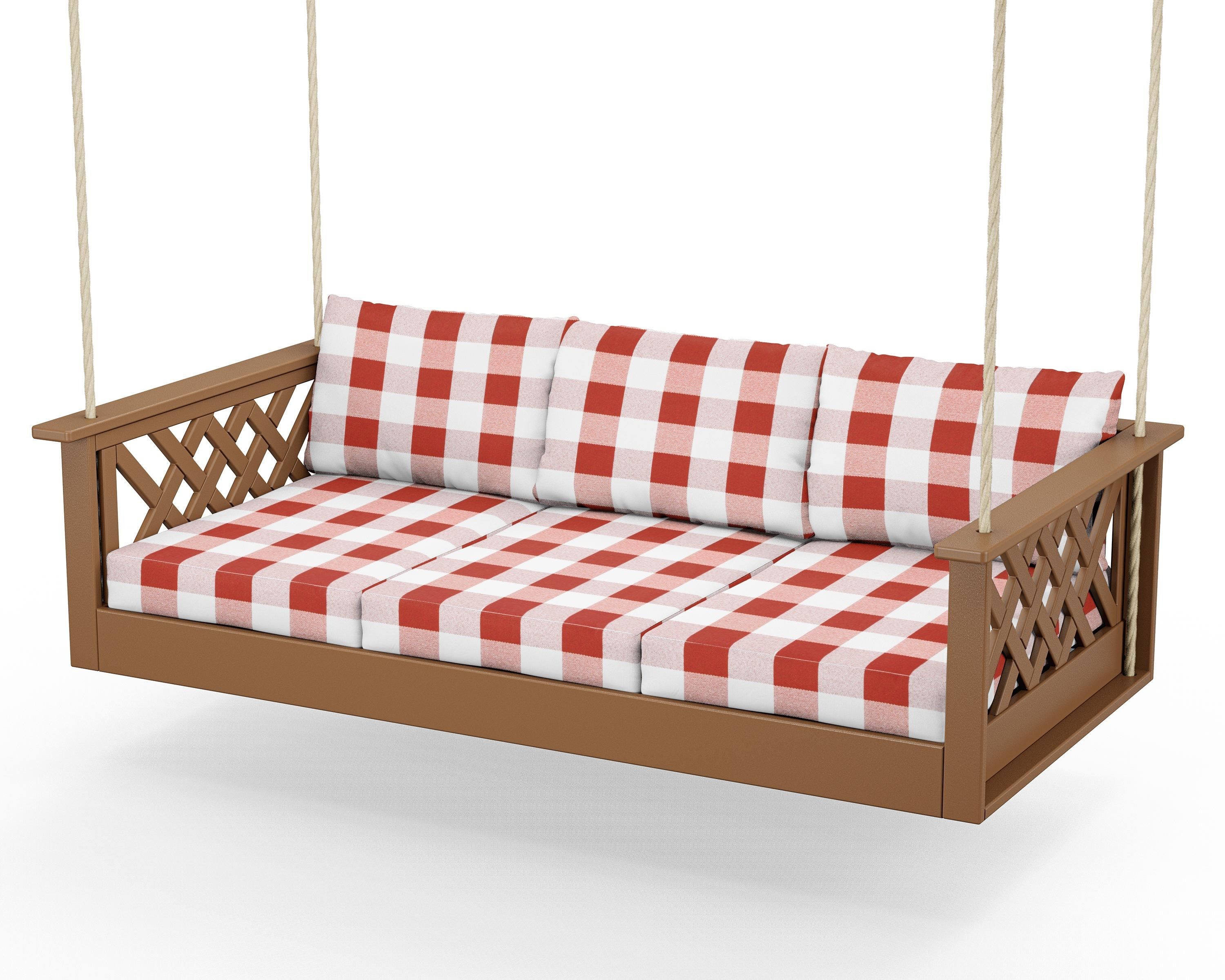 Country Living Wovendale Daybed Swing in Teak / Buffalo Plaid Crimson