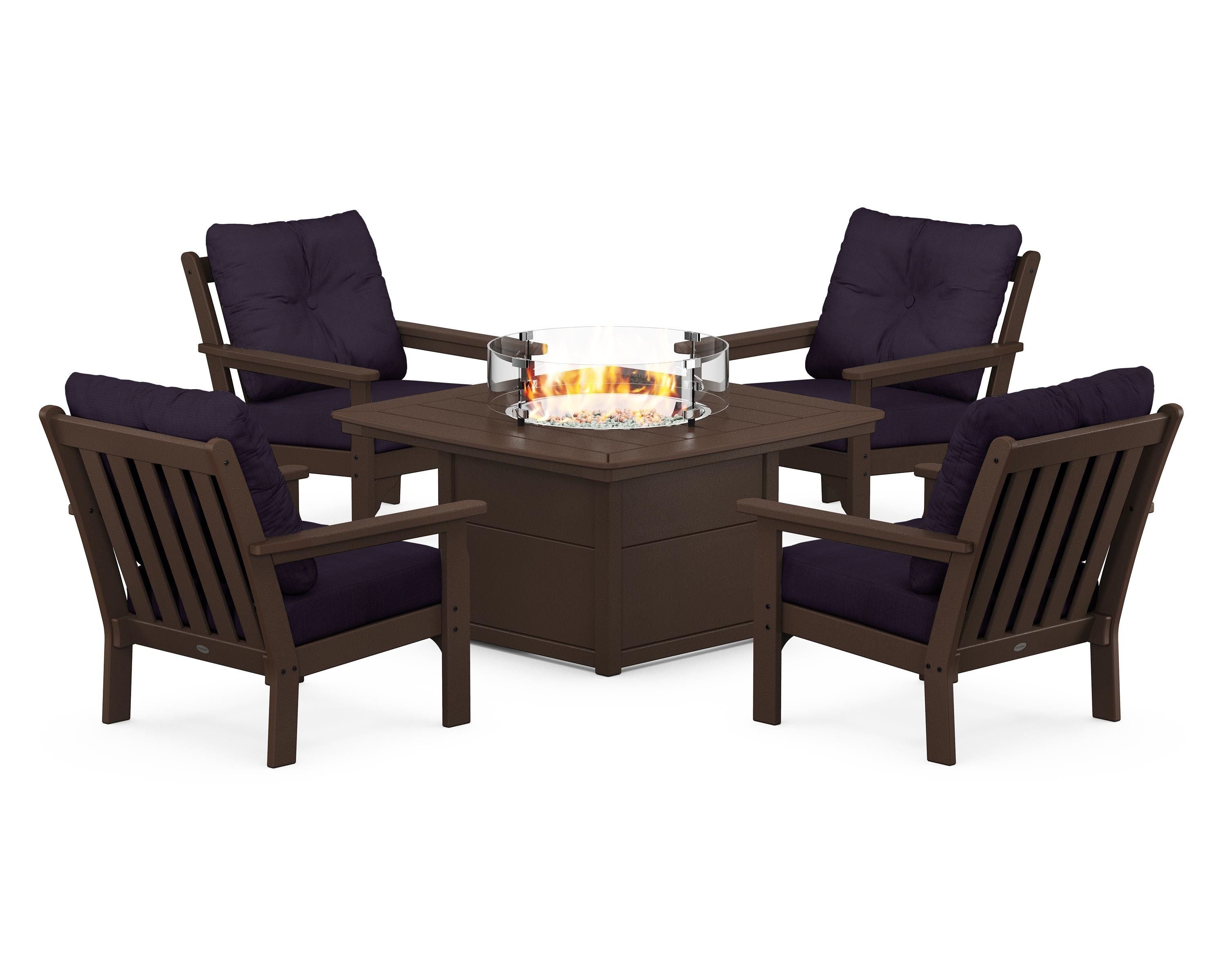 POLYWOOD® Vineyard 5-Piece Conversation Set with Fire Pit Table in Mahogany / Navy Linen