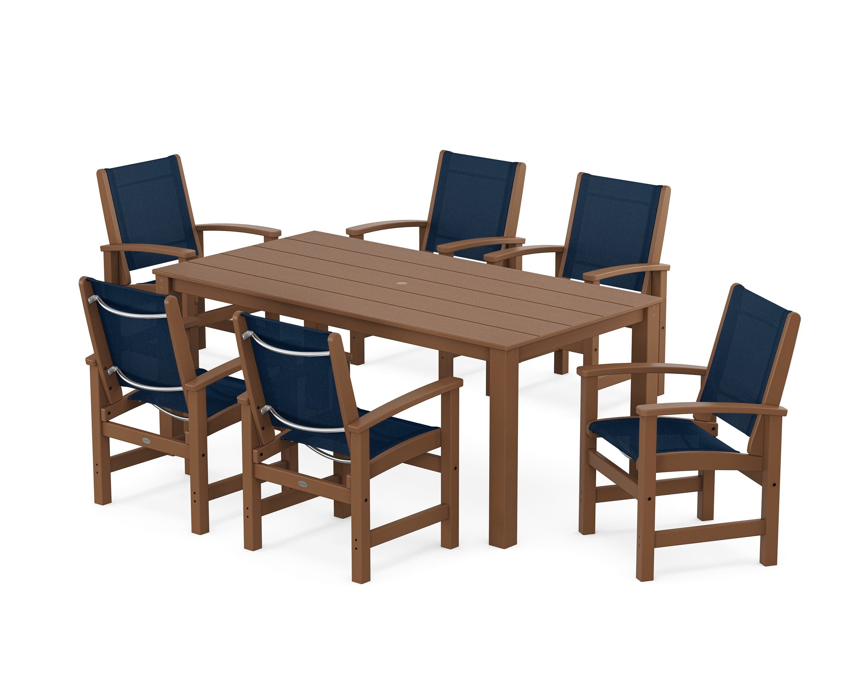 POLYWOOD® Coastal 7-Piece Parsons Dining Set in Teak / Navy Blue Sling