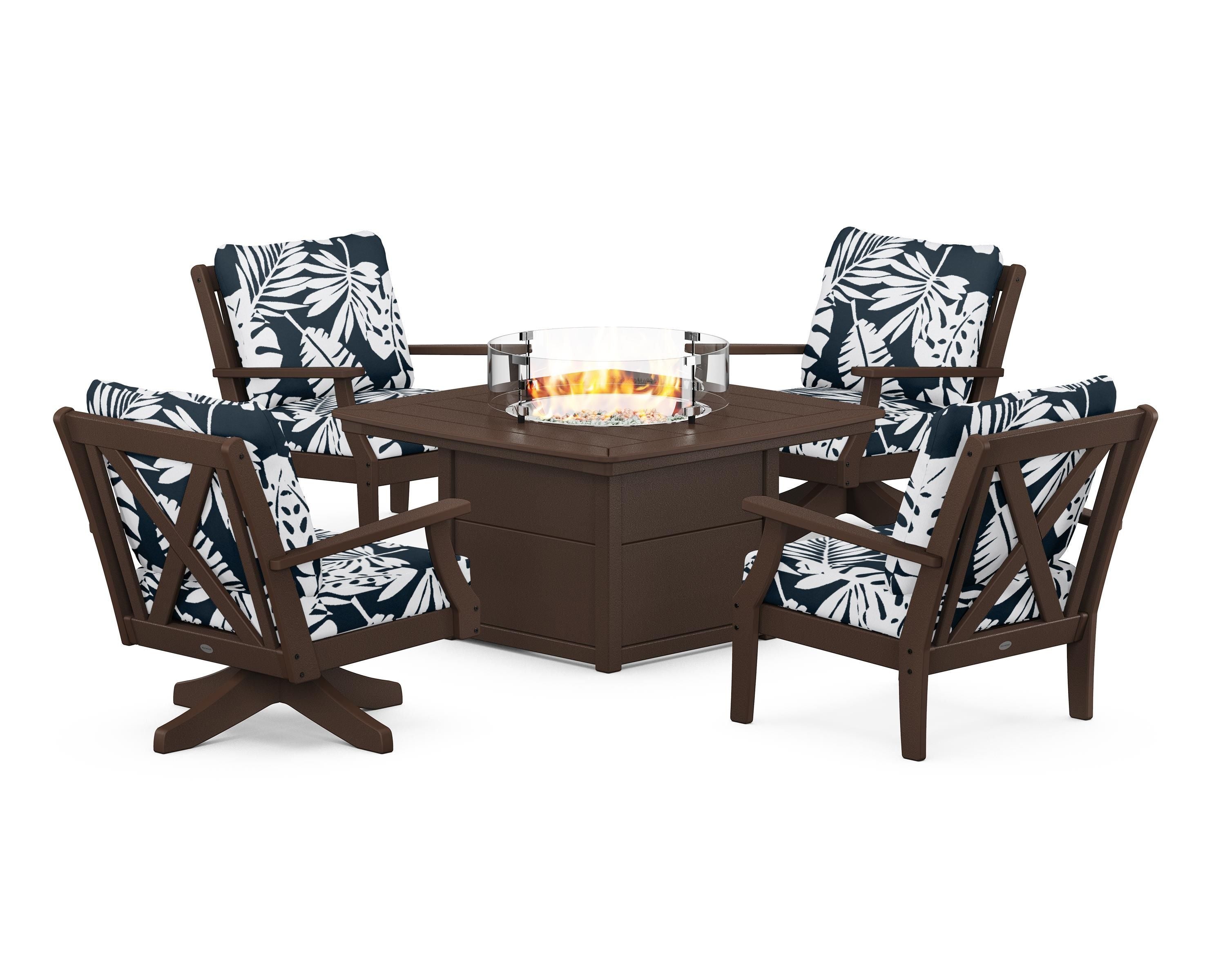 POLYWOOD® Braxton 5-Piece Deep Seating Set with Fire Table in Mahogany / Leaf Marine Indigo