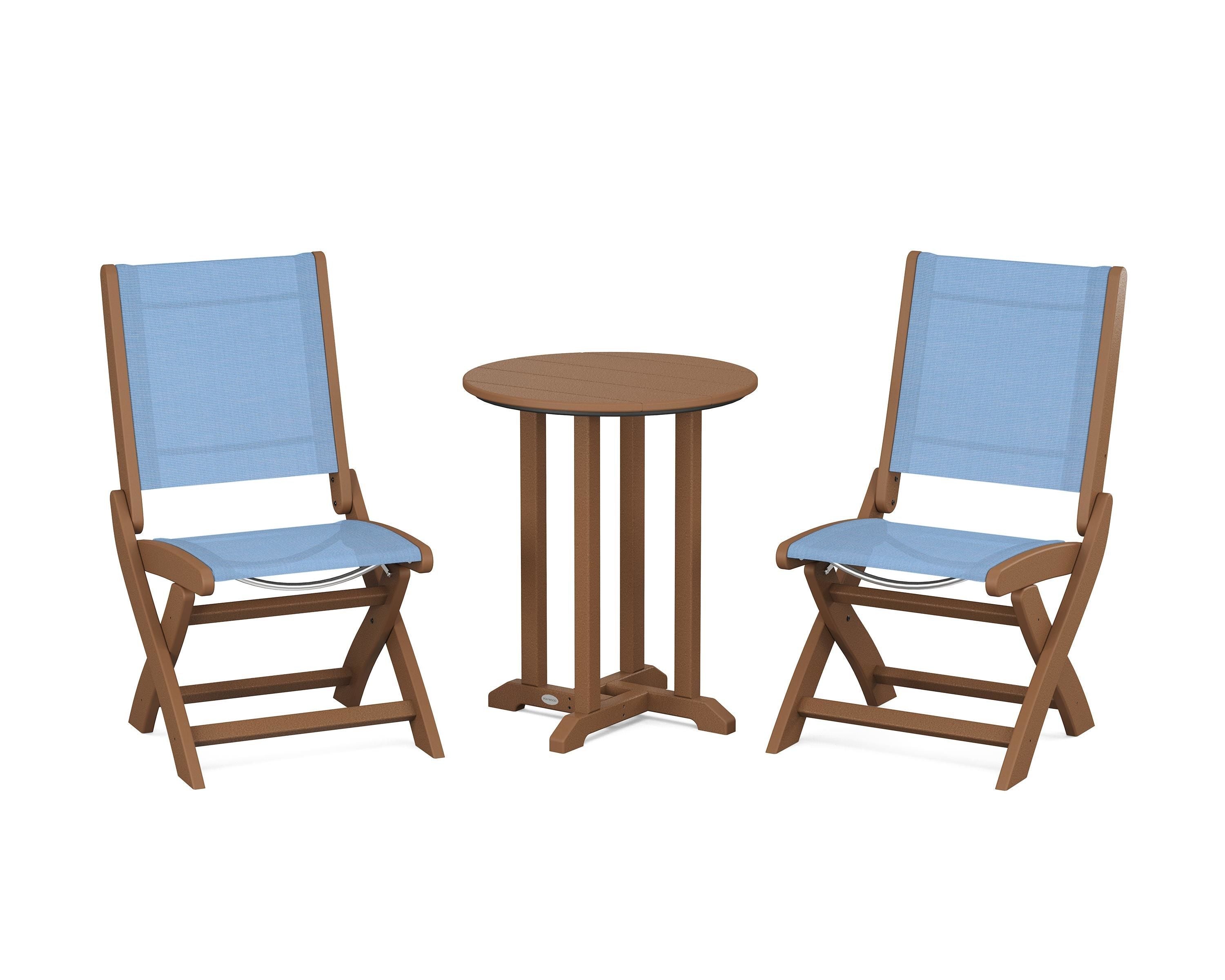 POLYWOOD® Coastal Folding Side Chair 3-Piece Round Bistro Dining Set in Teak / Poolside Sling