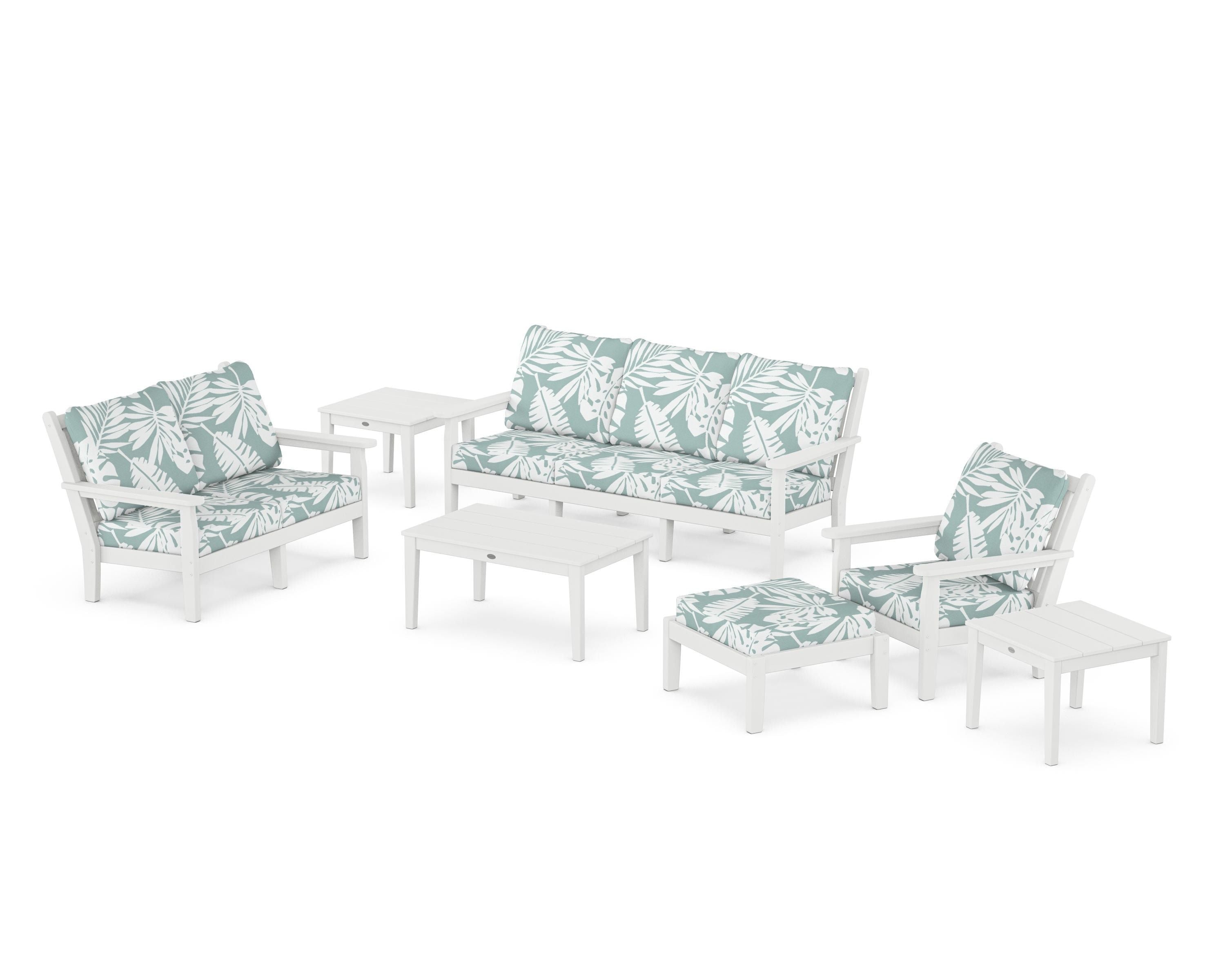 POLYWOOD® Chippendale 7-Piece Deep Seating Set in White / Leaf Glacier Spa