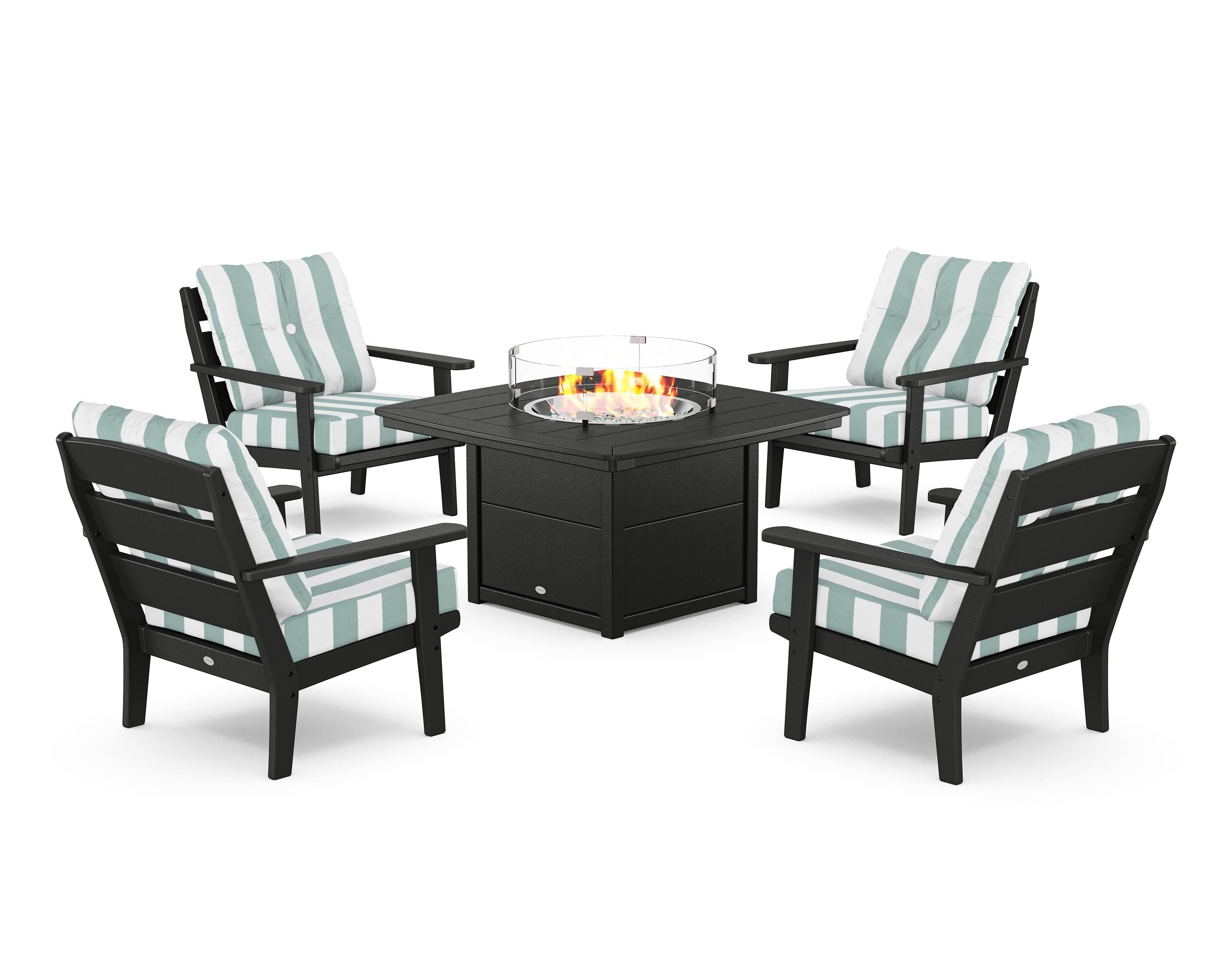 POLYWOOD® Lakeside 5-Piece Deep Seating Set with Nautical Fire Pit Table in Black / Cabana Stripe Glacier Spa