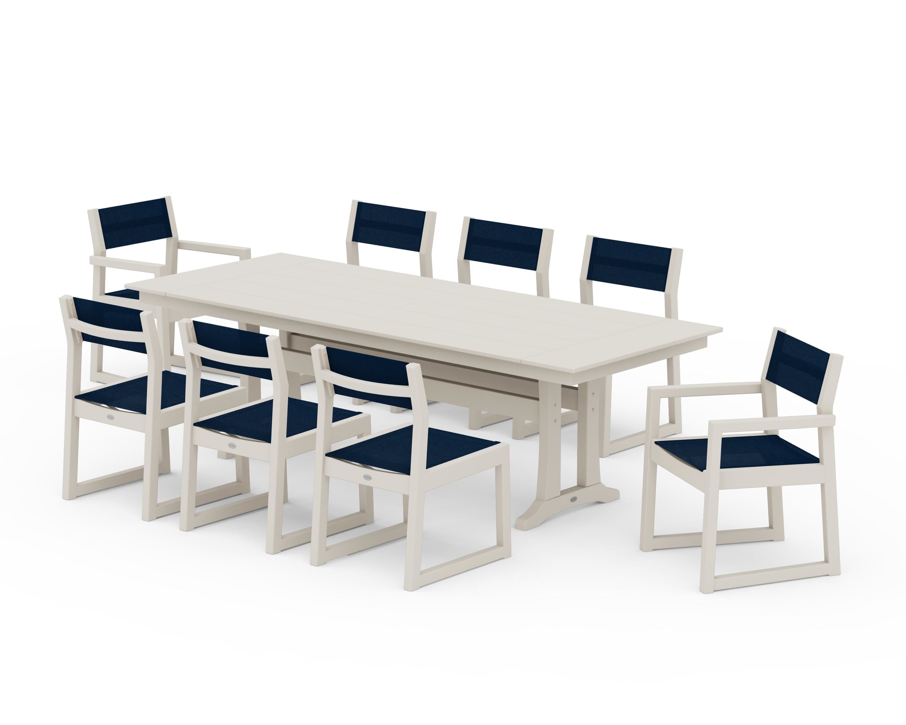 POLYWOOD® EDGE Sling 9-Piece Farmhouse Trestle Dining Set in Sand / Navy Blue Sling