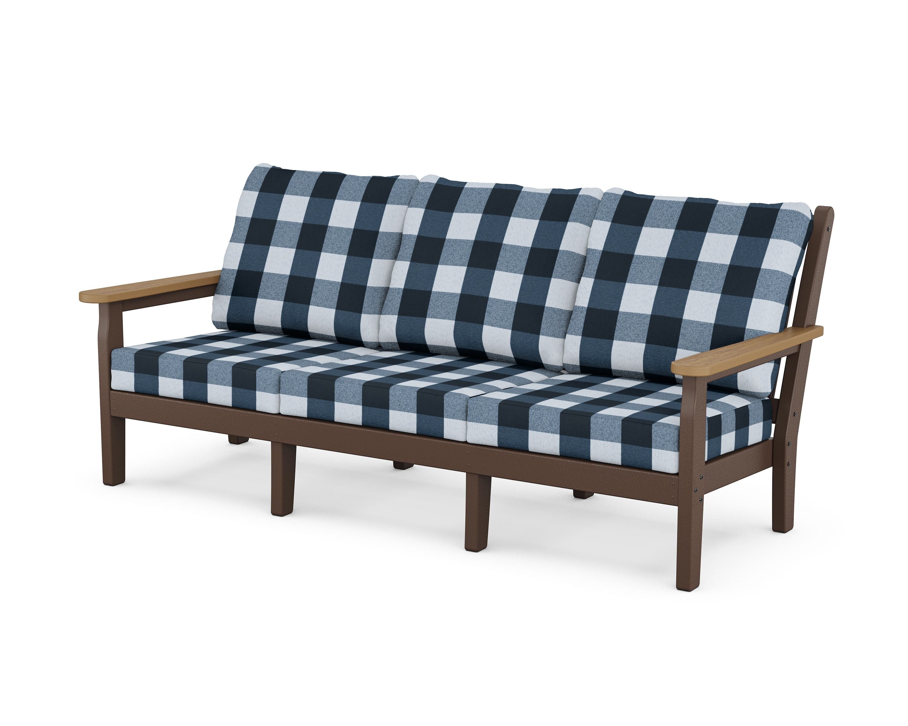 POLYWOOD® Chippendale Deep Seating Sofa in Mahogany / Natural / Buffalo Plaid Marine Indigo