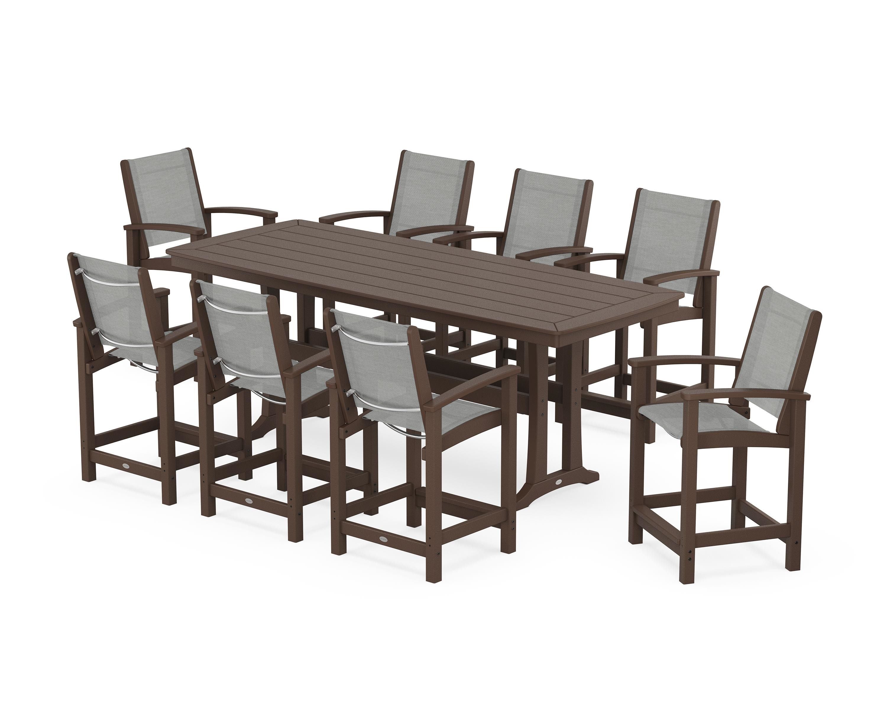 POLYWOOD® Coastal 9-Piece Counter Set with Trestle Legs in Mahogany / Metallic Sling