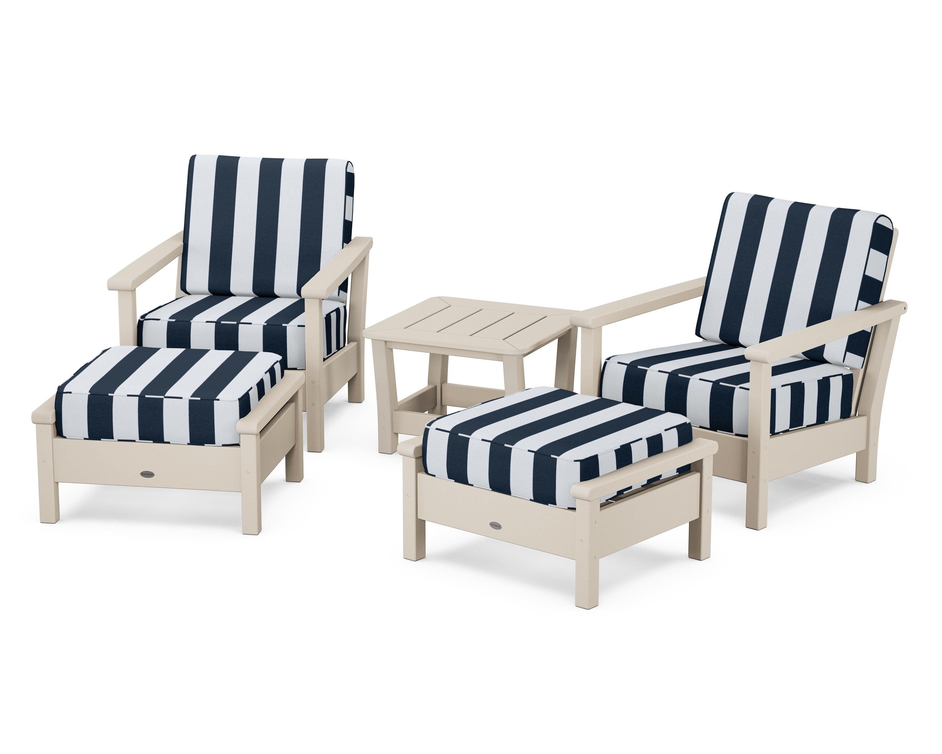 POLYWOOD® Harbour 5-Piece Deep Seating Chair Set in Sand / Cabana Stripe Marine Indigo