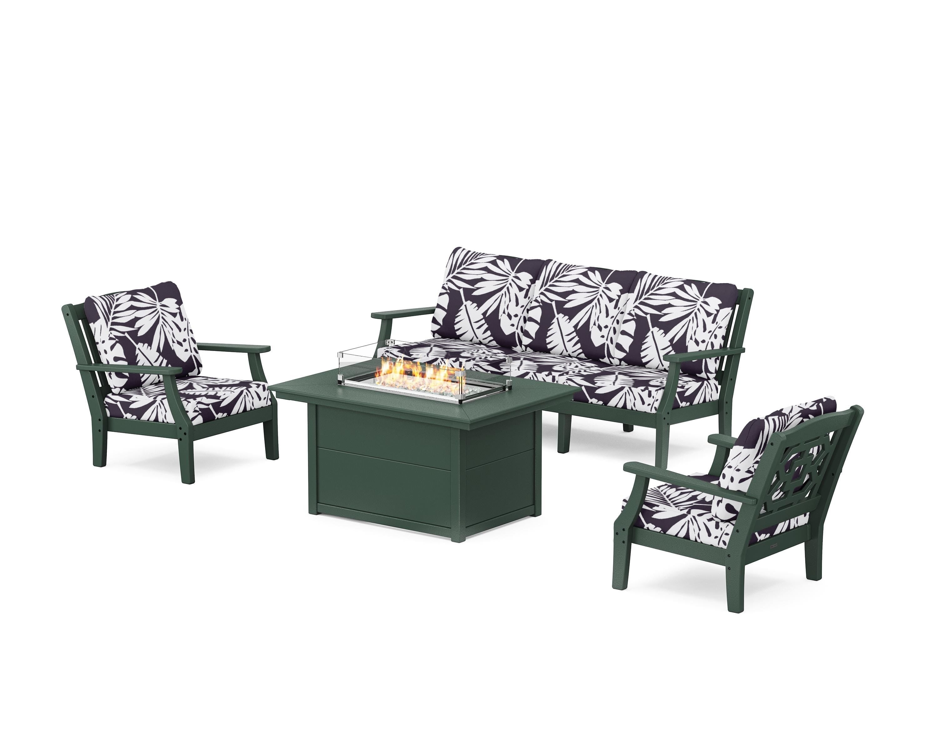 Martha Stewart by POLYWOOD® Chinoiserie Deep Seating Fire Pit Table Set in Green / Leaf Navy
