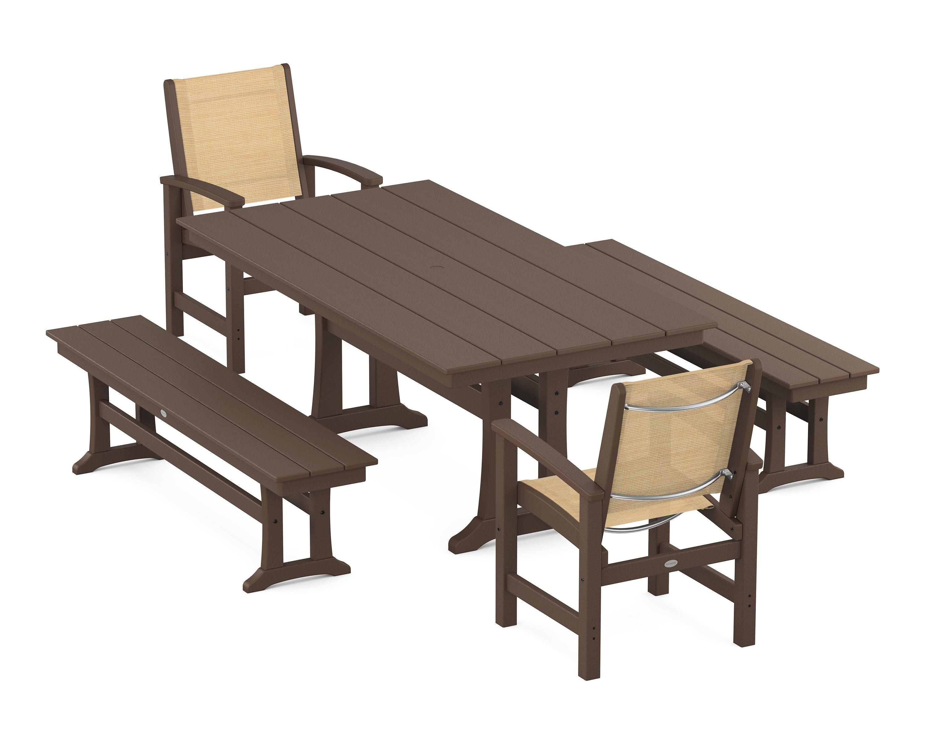 POLYWOOD® Coastal 5-Piece Farmhouse Dining Set with Trestle Legs and Benches in Mahogany / Dupioni Apricot Sling