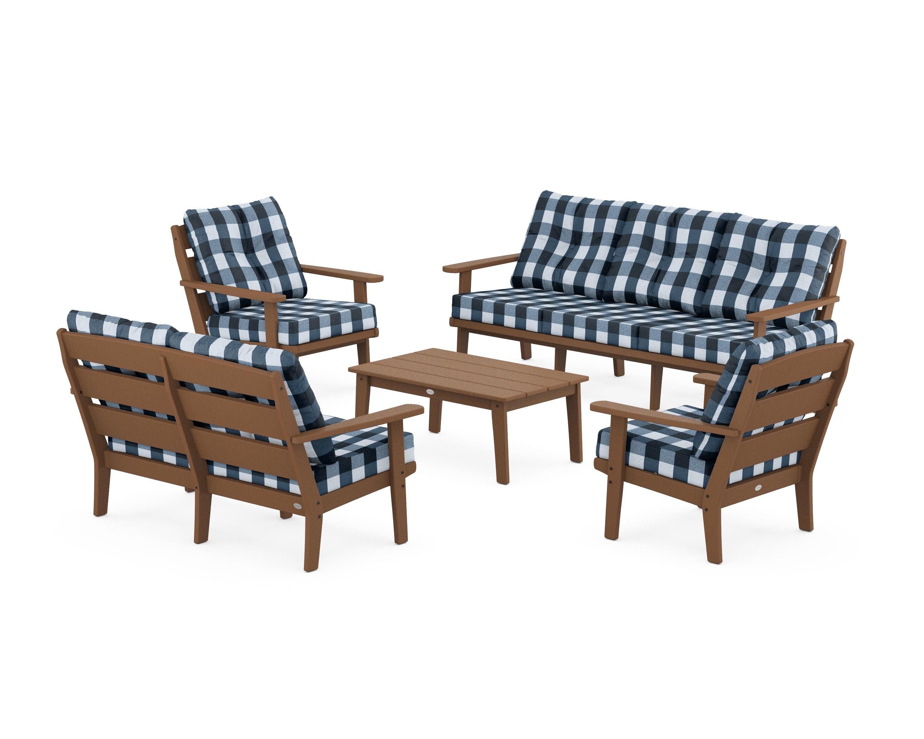 POLYWOOD® Lakeside 5-Piece Lounge Sofa Set in Teak / Buffalo Plaid Marine Indigo
