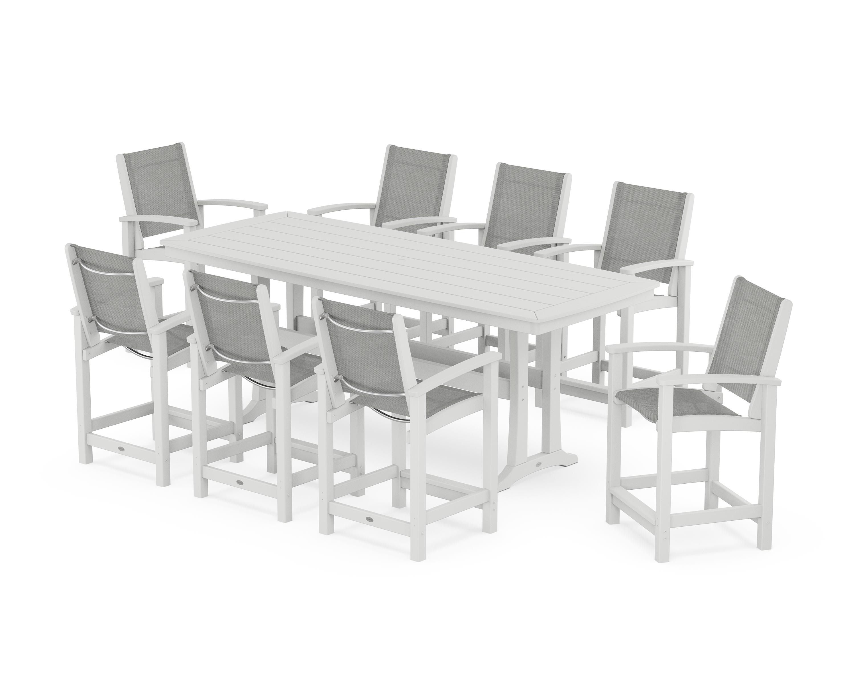 POLYWOOD® Coastal 9-Piece Counter Set with Trestle Legs in White / Metallic Sling