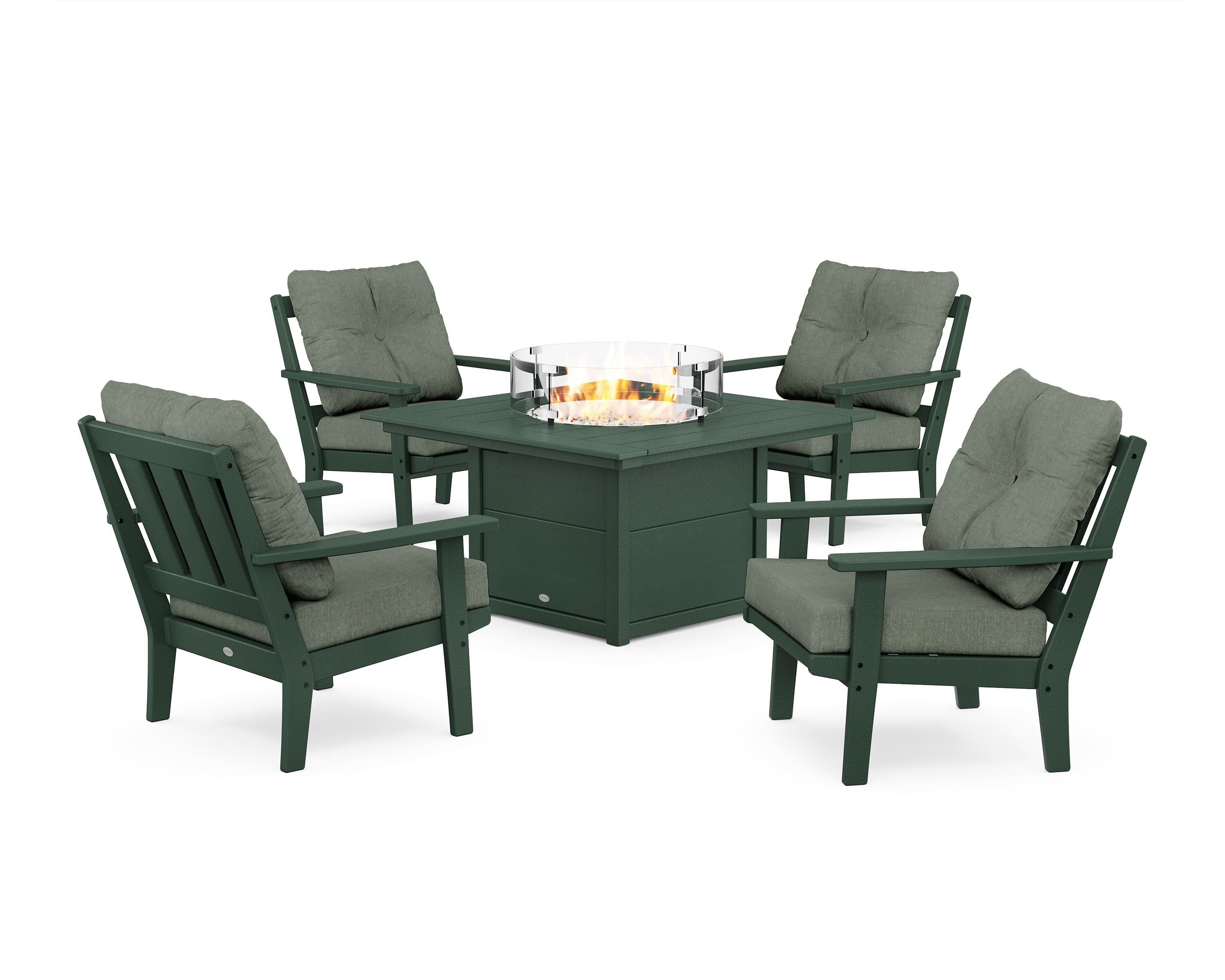 POLYWOOD® Oxford 5-Piece Deep Seating Set with Fire Pit Table in Green / Cast Sage