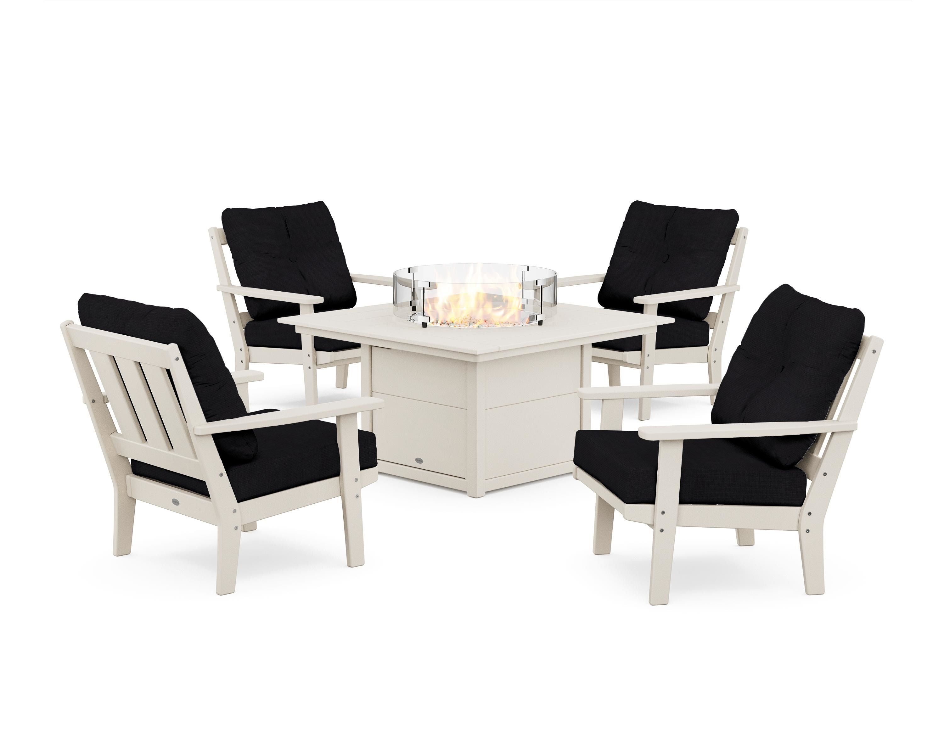 POLYWOOD® Oxford 5-Piece Deep Seating Set with Fire Pit Table in Sand / Midnight Linen