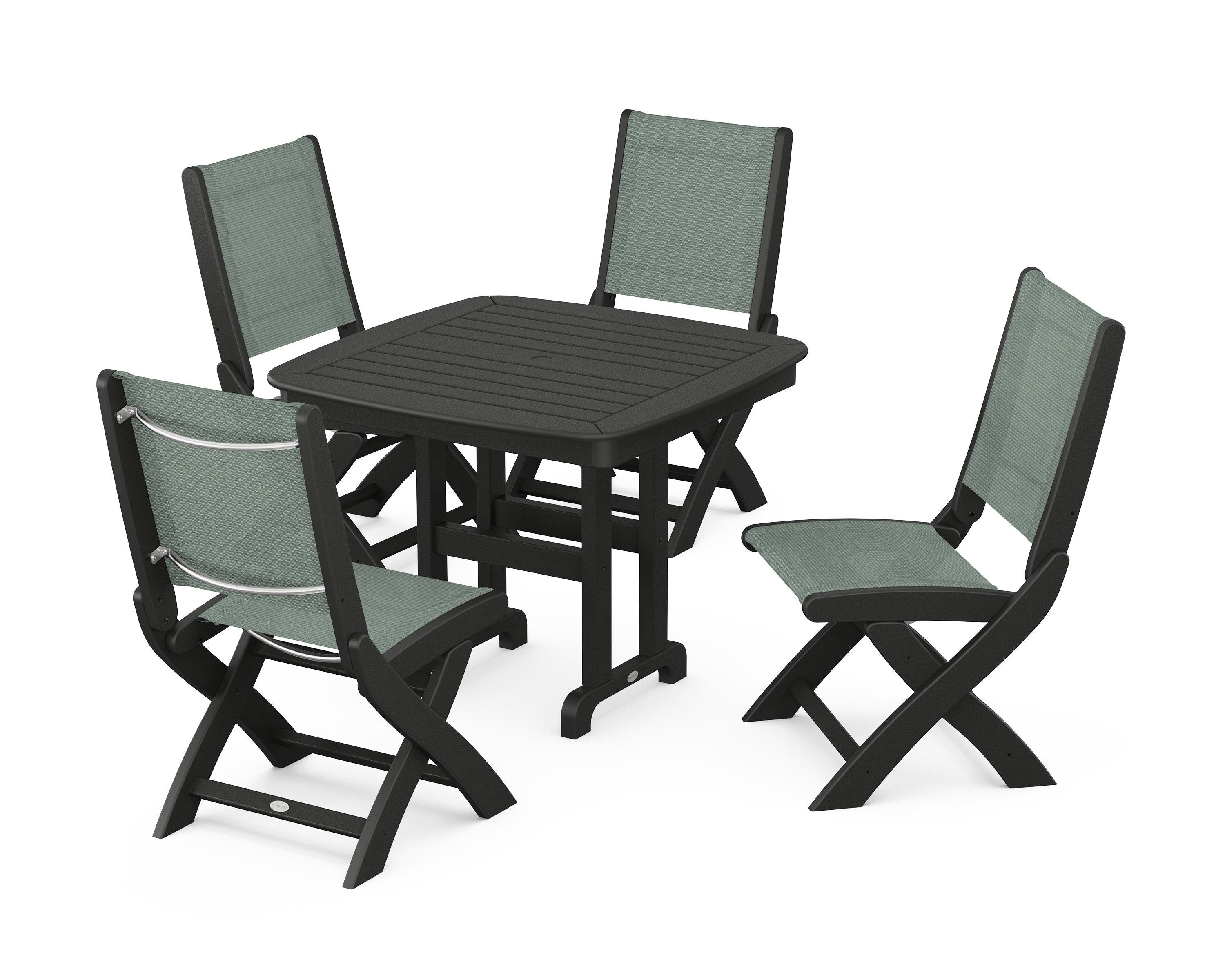 POLYWOOD® Coastal Folding Side Chair 5-Piece Dining Set in Black / Dupioni Sea Mist Sling