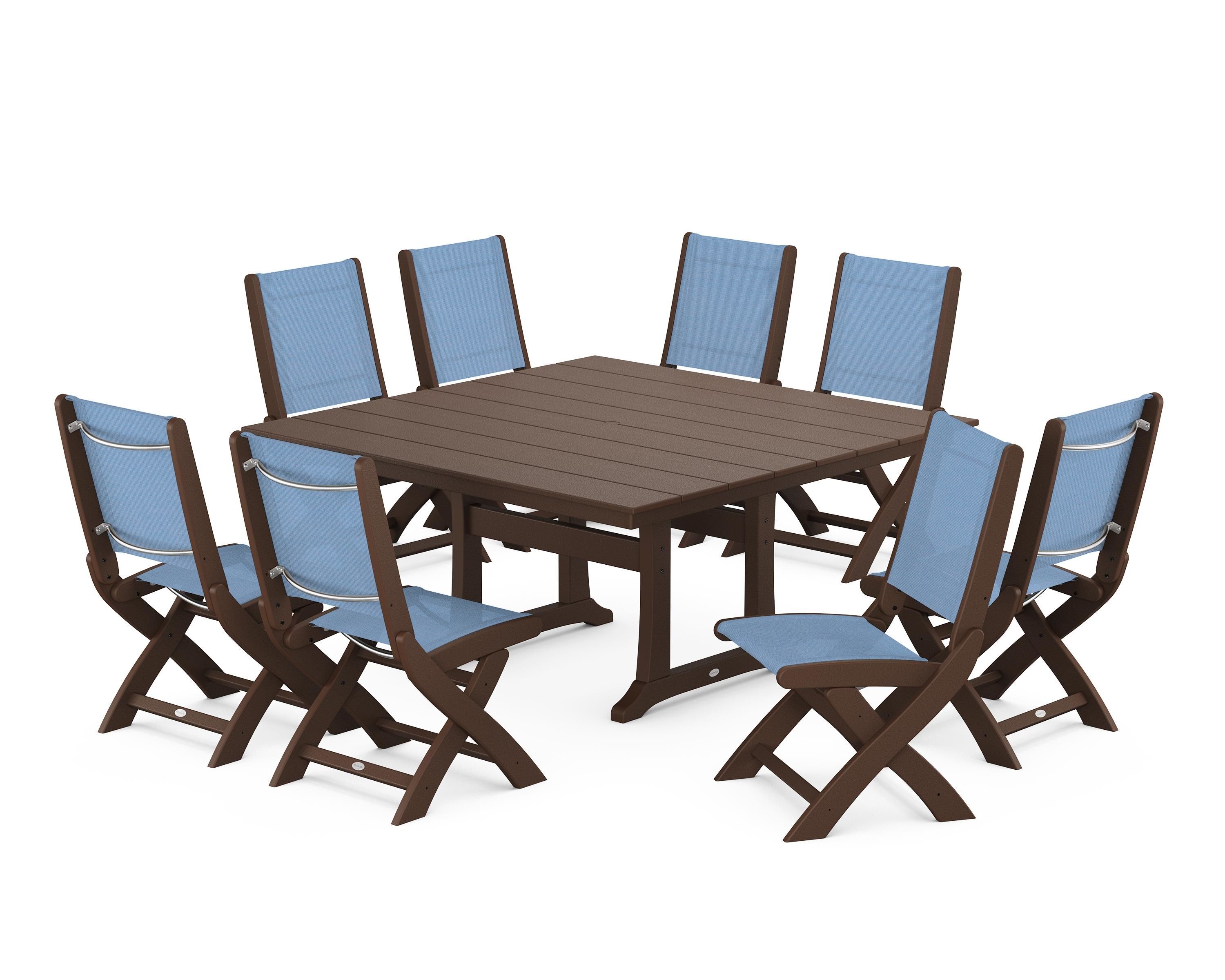 POLYWOOD® Coastal Folding Side Chair 9-Piece Farmhouse Dining Set in Mahogany / Poolside Sling