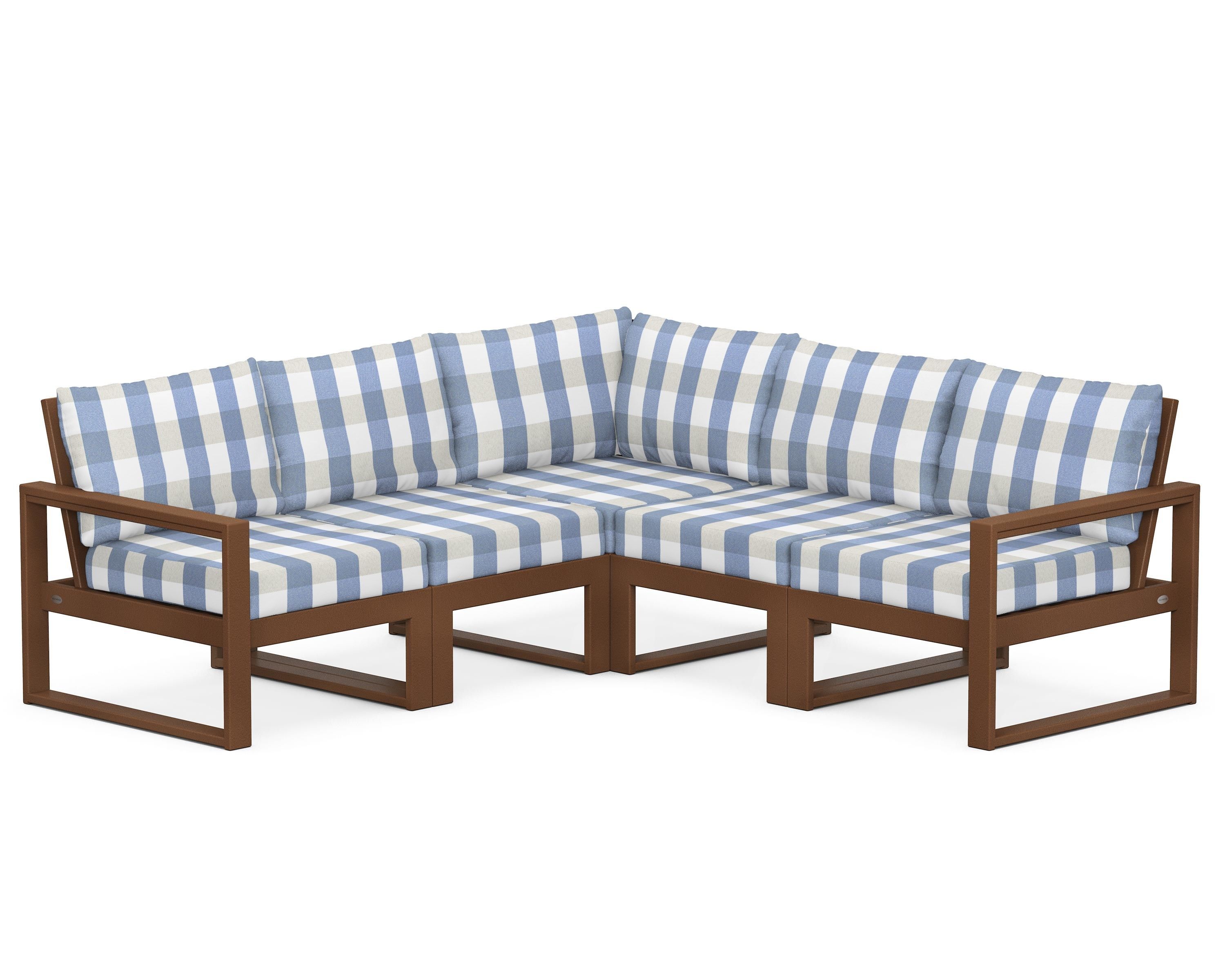 POLYWOOD® EDGE 5-Piece Modular Deep Seating Set in Teak / Buffalo Plaid Sky Blue