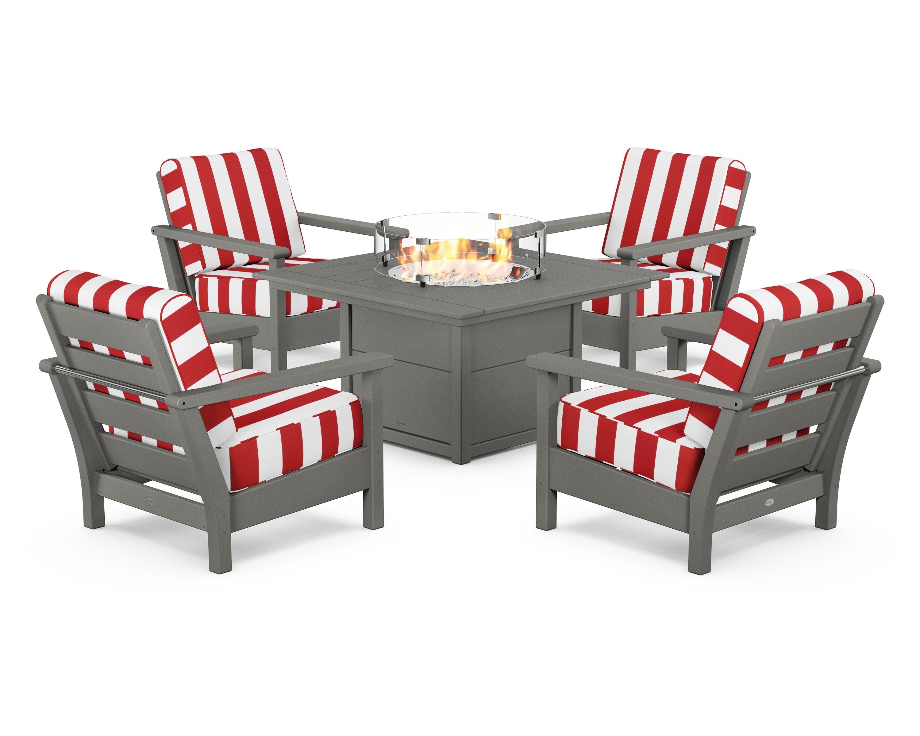 POLYWOOD® Harbour 5-Piece Conversation Set with Fire Pit Table in Slate Grey / Cabana Stripe Crimson